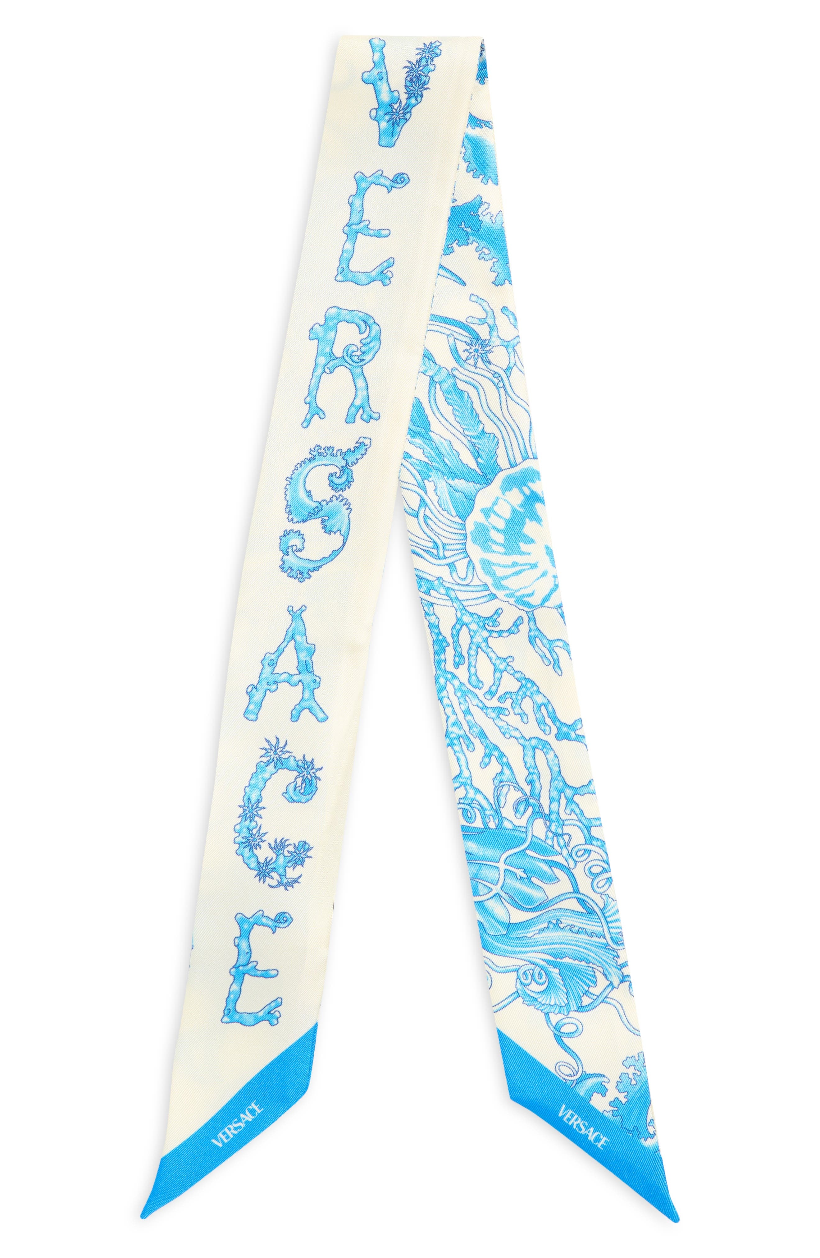 Versace Underwater Barocco Silk Skinny Scarf in Eggshell/Bright Blue at Nordstrom - 1