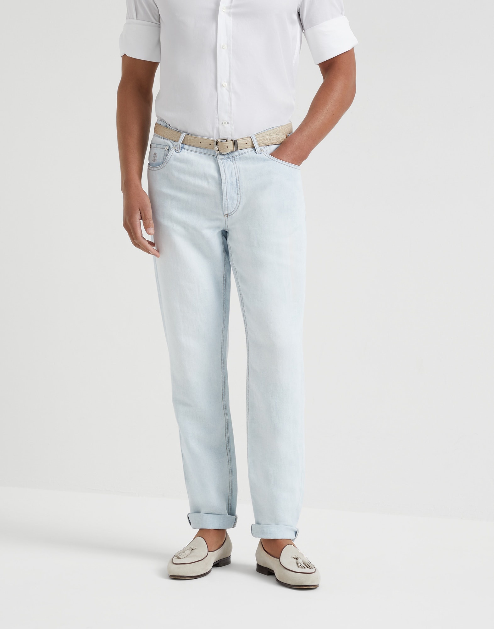 Cotton and linen denim traditional fit five-pocket trousers - 1