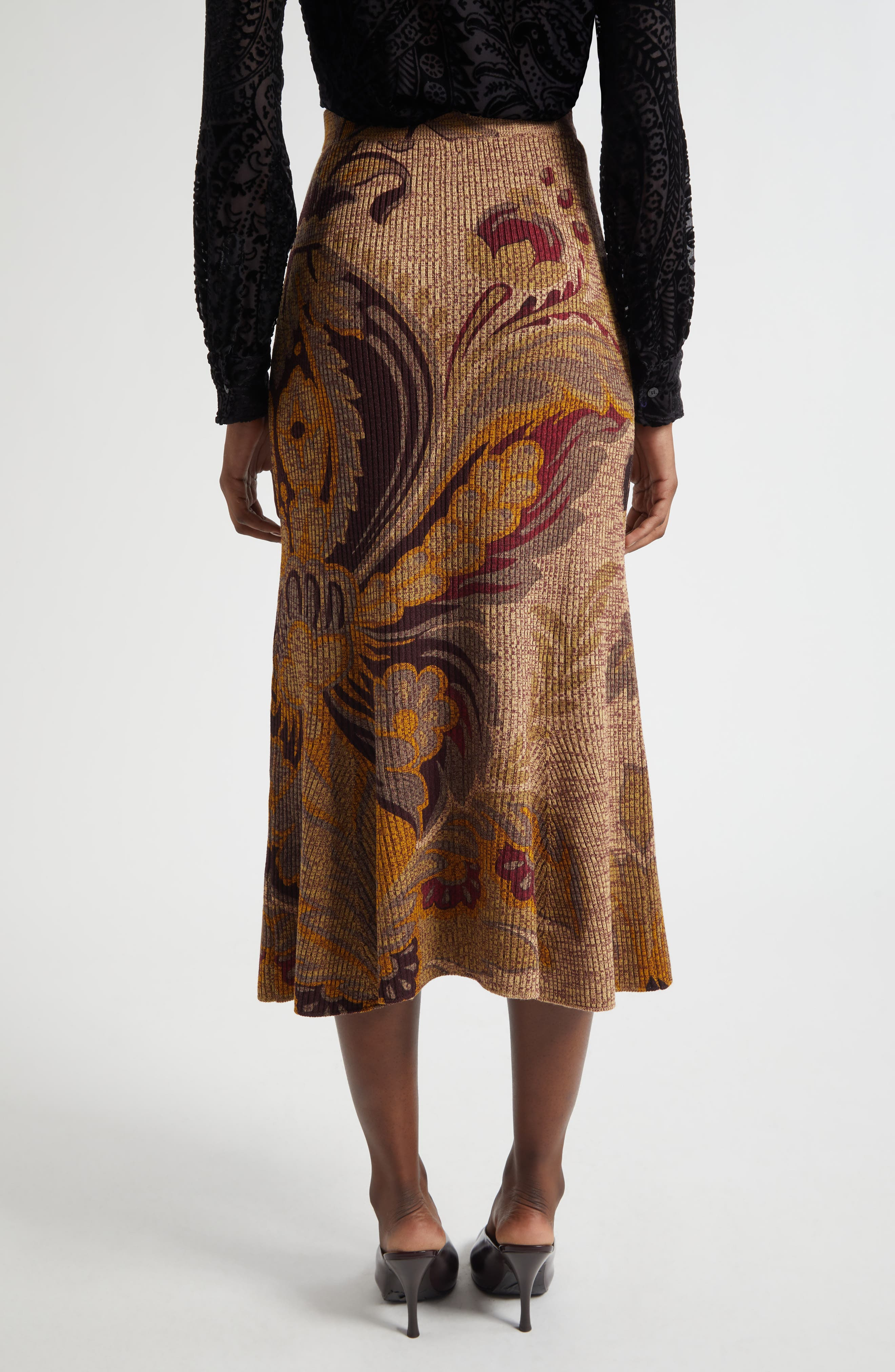 Etro Paisley Rib Wool Trumpet Skirt in Beige Multi at Nordstrom - 2