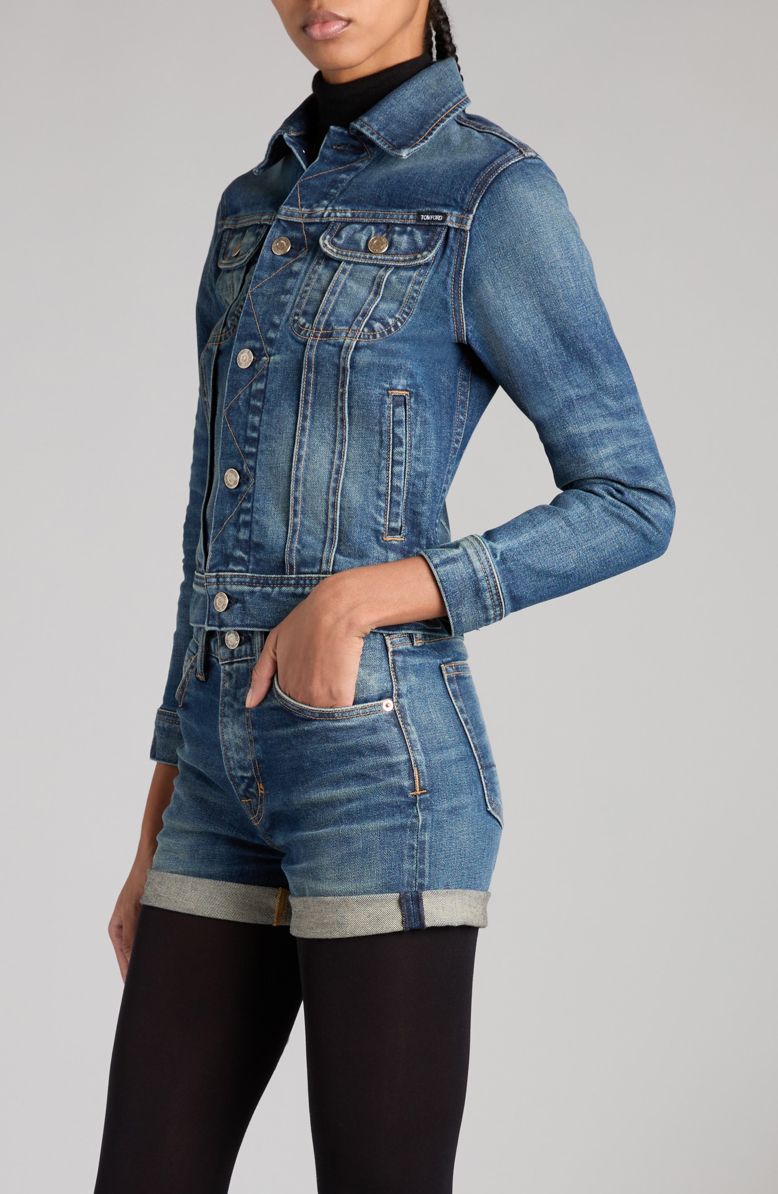 TOM FORD Comfort Crop Stonewash Denim Jacket in Mid Blue at Nordstrom - 4