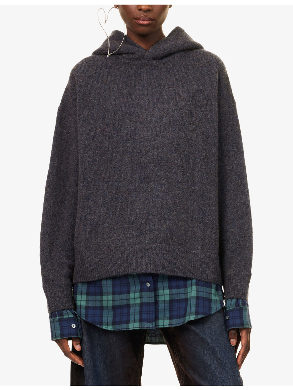 Contrast-Check-Print Relaxed-Fit Wool-Blend Hoodie - 3