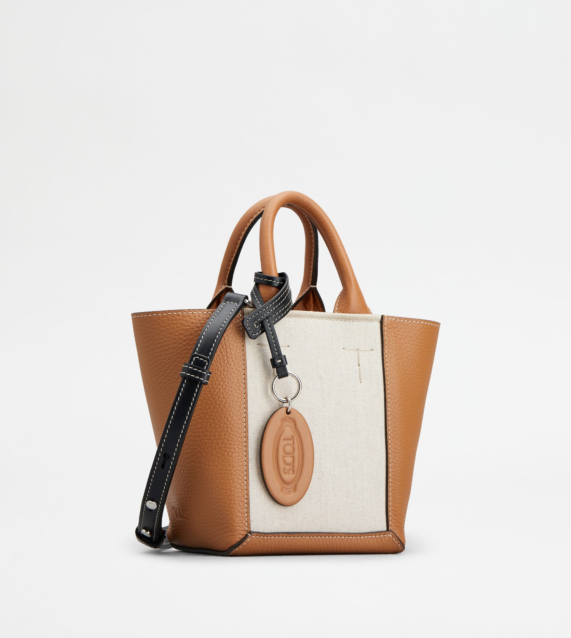 TOD'S DOUBLE UP SHOPPING BAG IN LEATHER AND CANVAS MINI - BROWN, OFF WHITE - 3