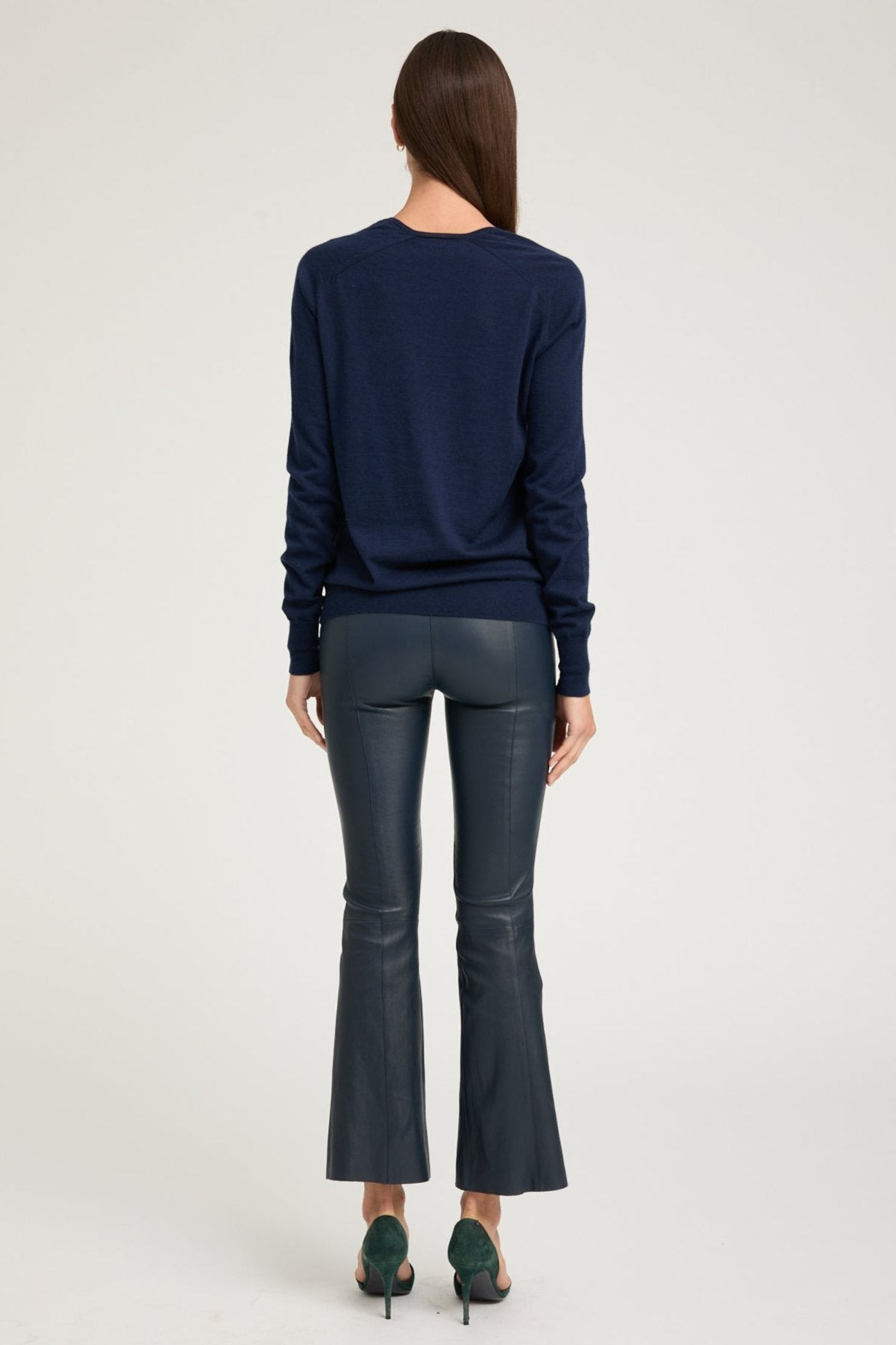 MIDNIGHT LEATHER ANKLE FLARE PANTS WITH PRINCESS SEAMS - 3