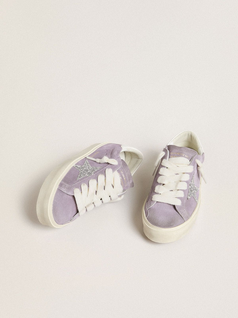 Golden Goose Women's Hi Star in purple suede with silver glitter star outlook