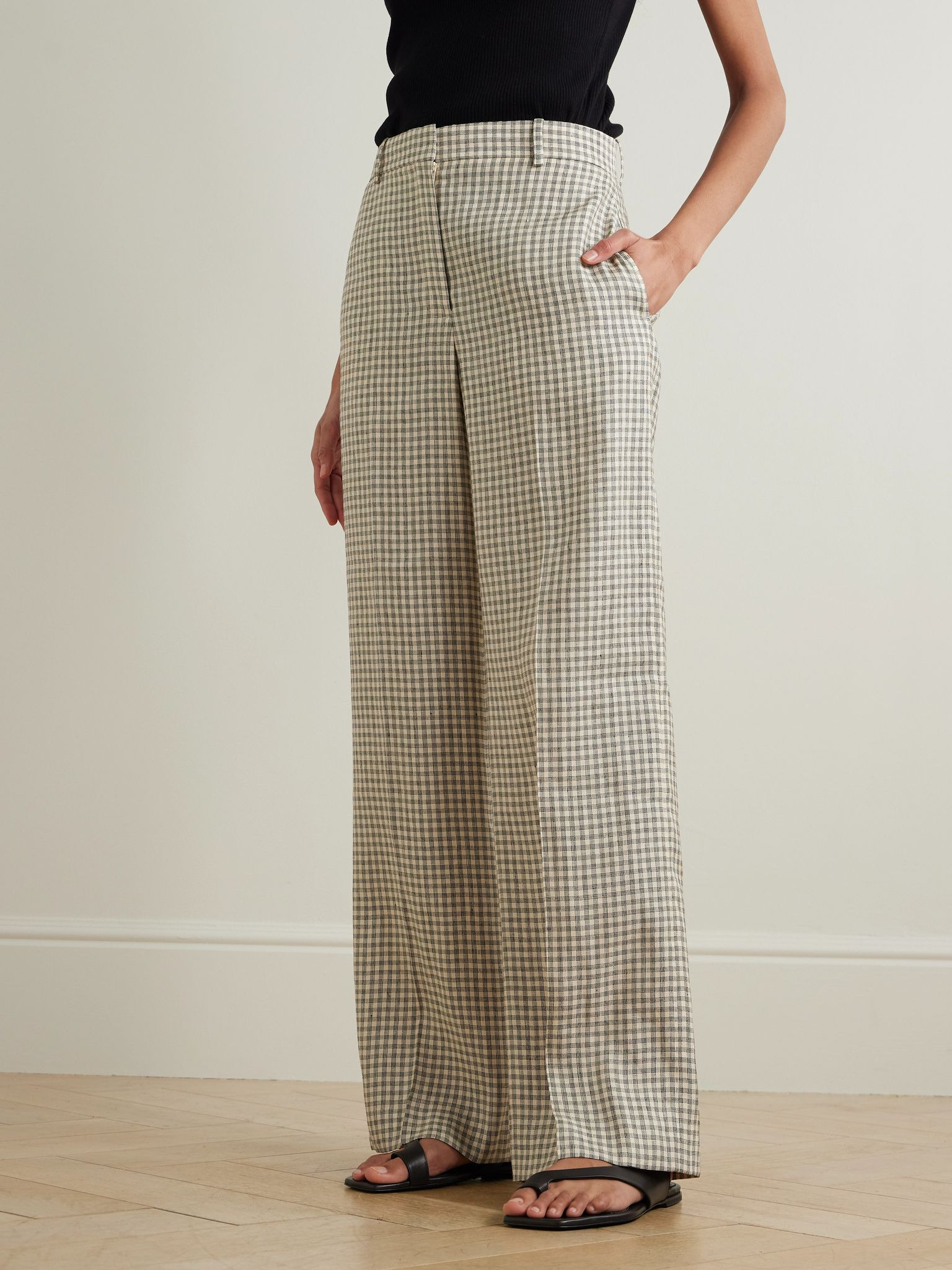 Checked linen-blend wide-leg pants Cream - 3