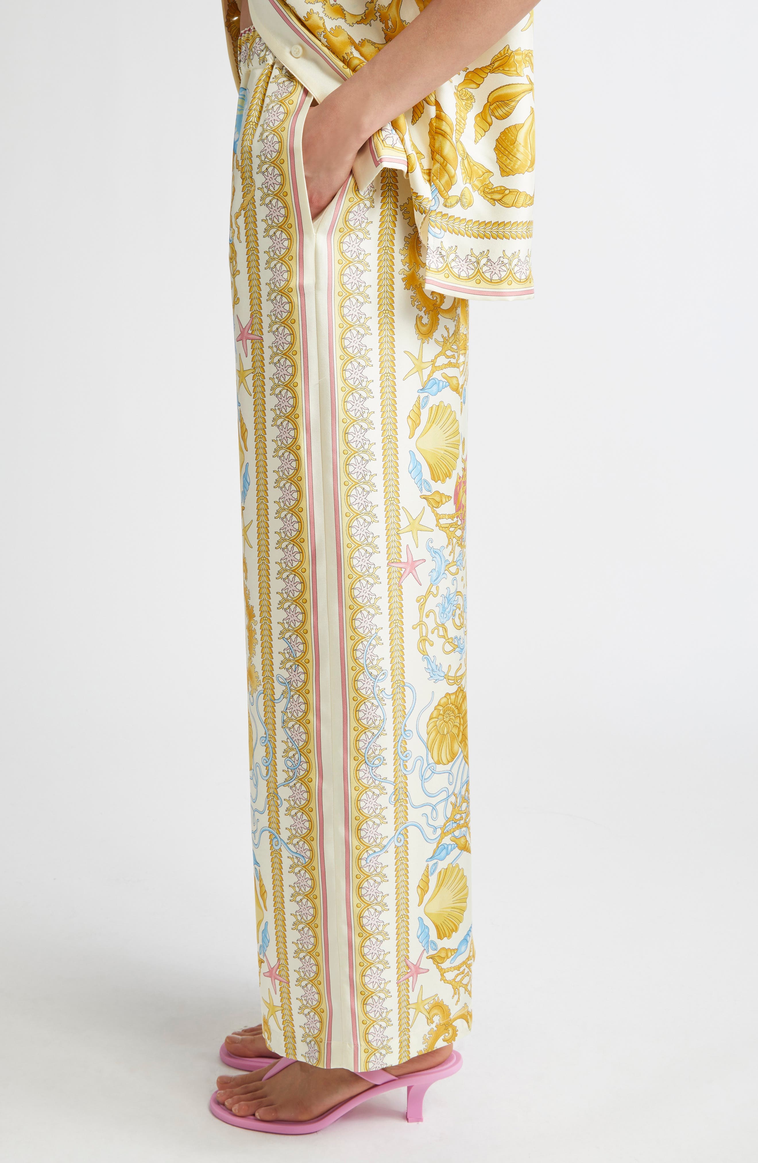 Versace Underwater Barocco Wide Leg Silk Pants in Eggshell Multicolor at Nordstrom - 4