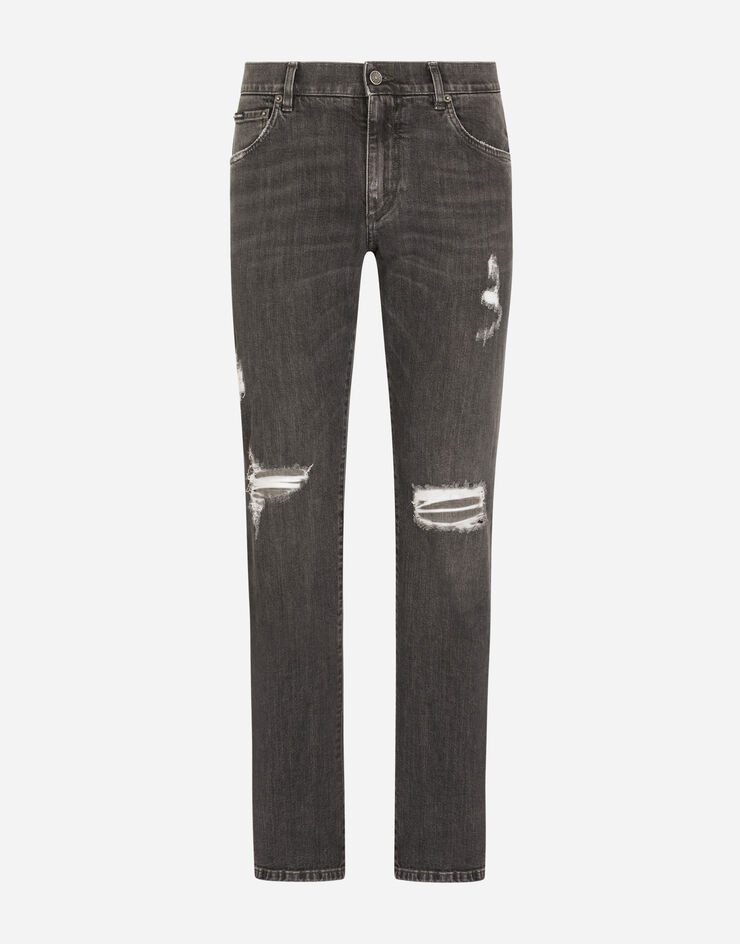 Gray slim-fit stretch jeans with rips - 3