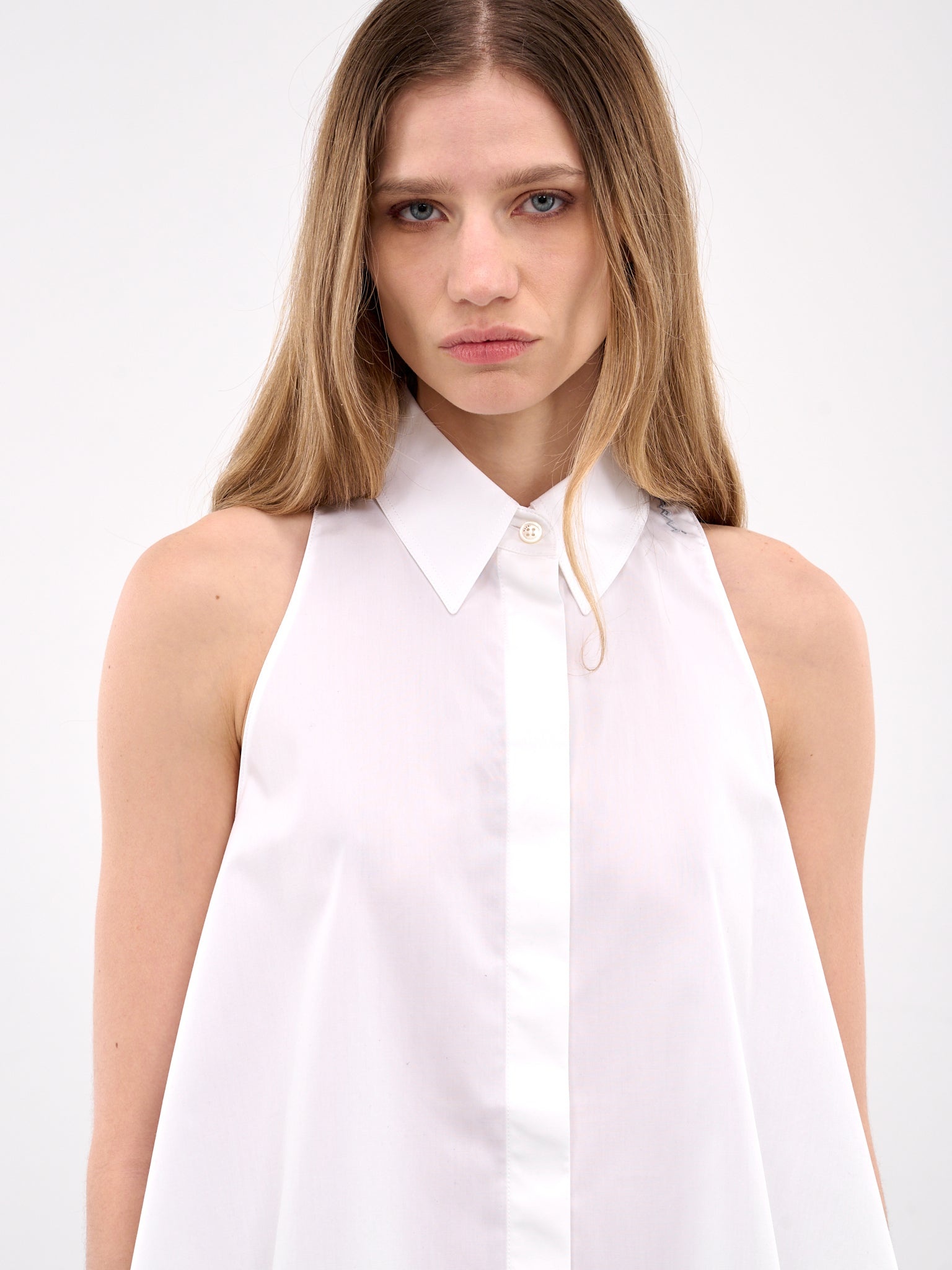 White Cotton Sleeveless Button-up Shirt - 4