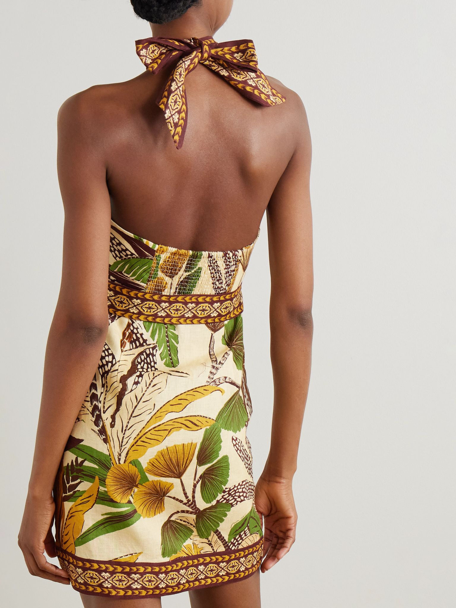 Belted printed linen halterneck mini dress Beige - 3