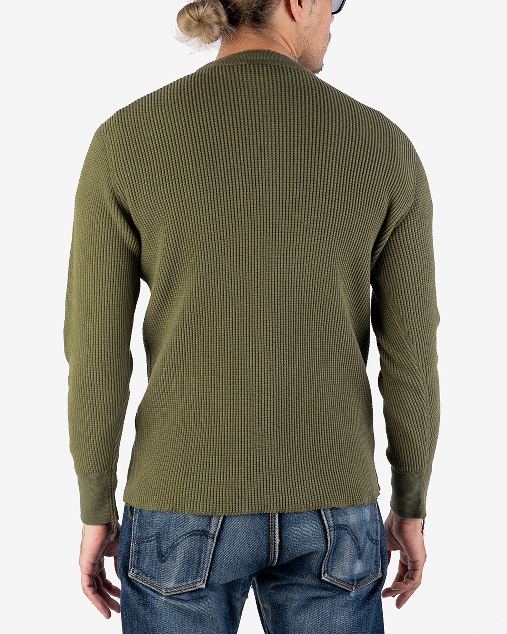 IHTL-1213-OLV Waffle Knit Long Sleeved Thermal Henley - Olive - 3