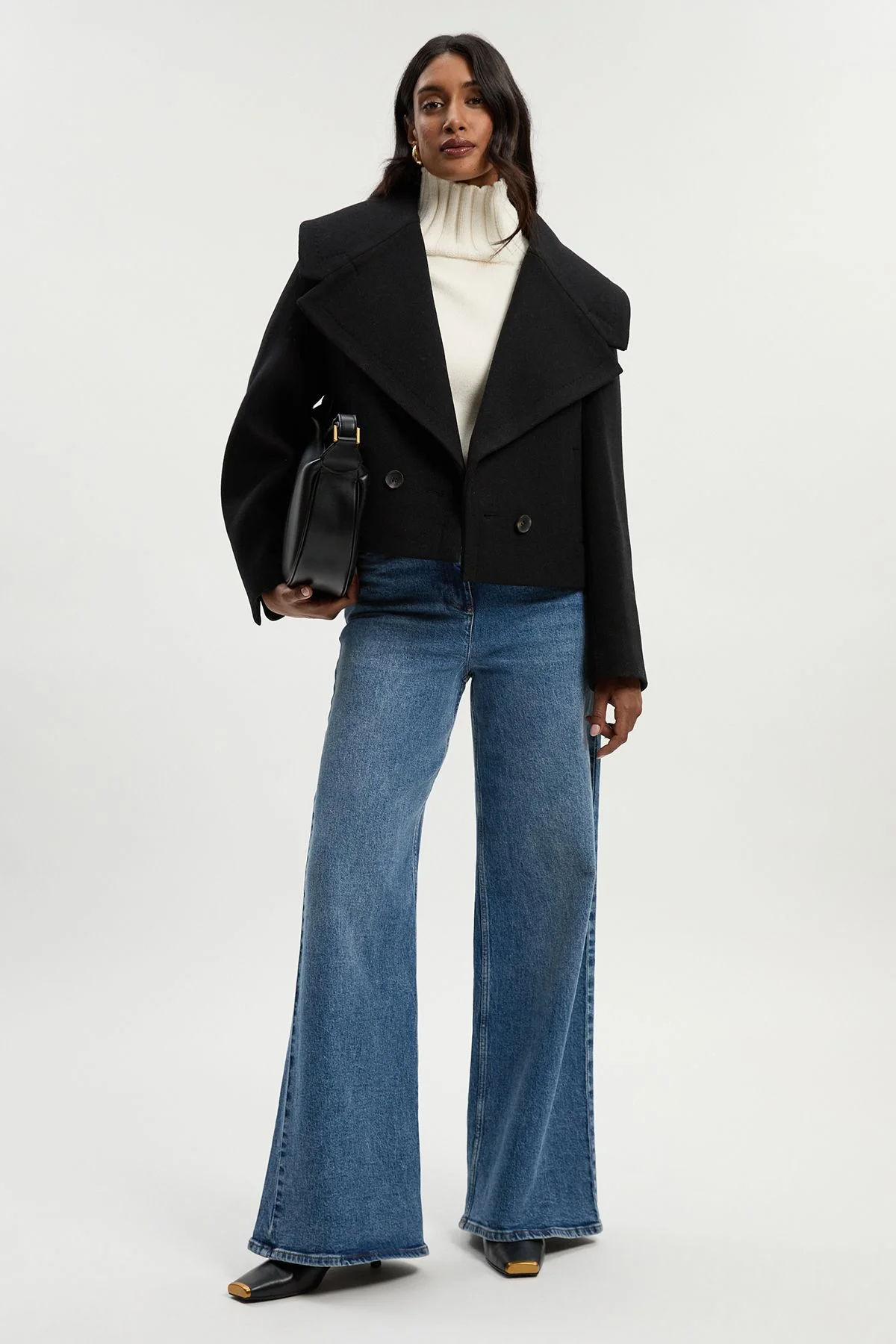 Wool Shawl Collar Tailored Double Breasted Short Coat - 1