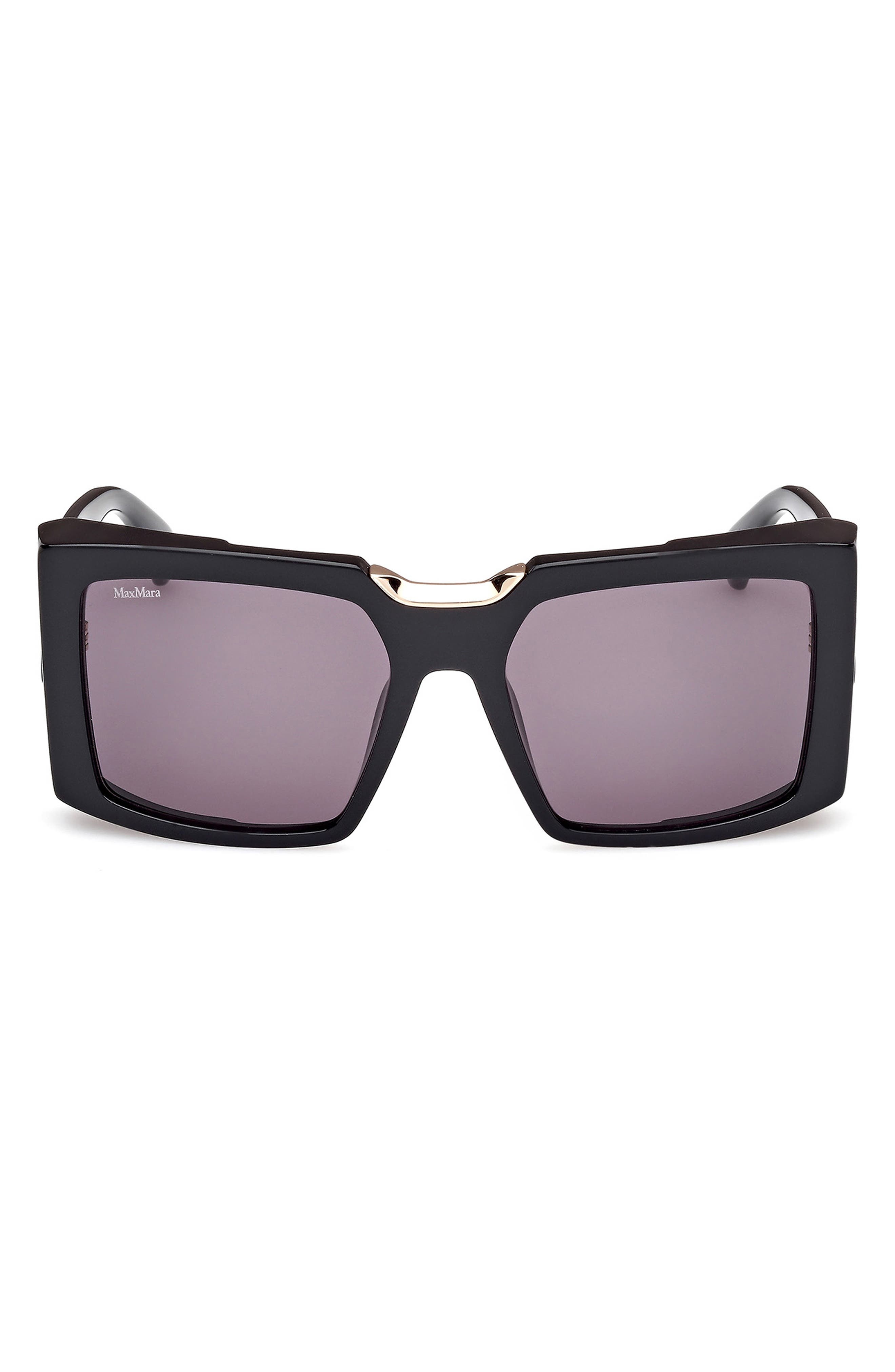 Max Mara 55mm Rectangular Sunglasses in Black/Shiny Pale Gold /Smoke at Nordstrom - 1