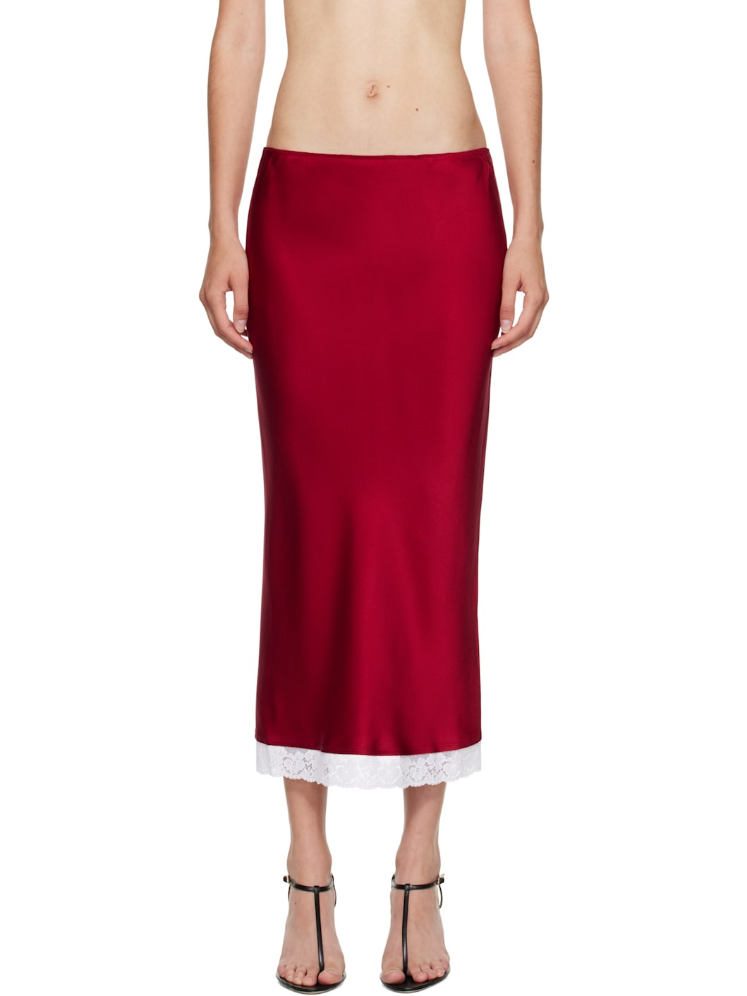 Red Lace Trim Slip Midi Skirt - 1