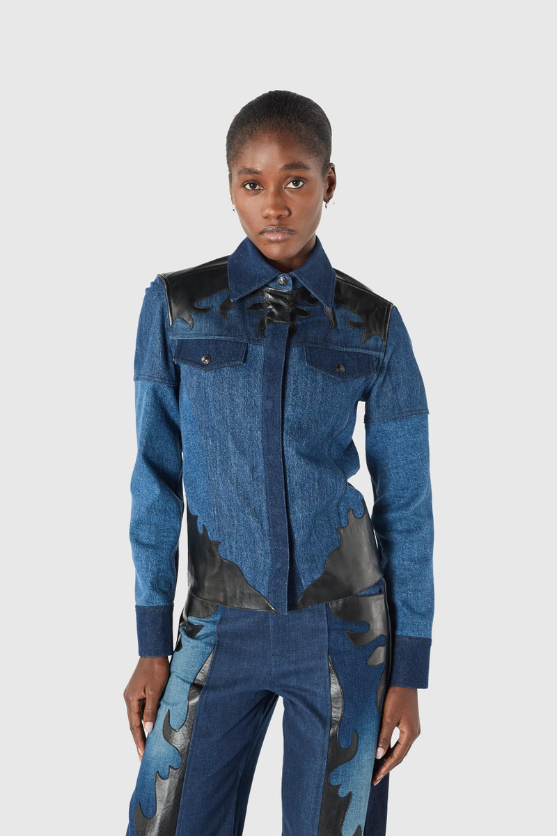 Upcycled denim trucker jacket with leather patches 5