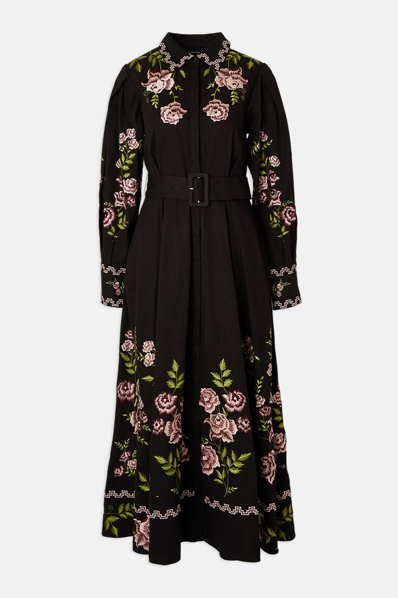 Plus Size Rose Embroidered Cotton Twill Woven Shirt Dress With Eyelets - 1