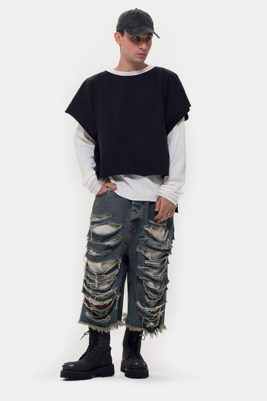 Double Layer Distressed T-Shirt in Black Washed - 2