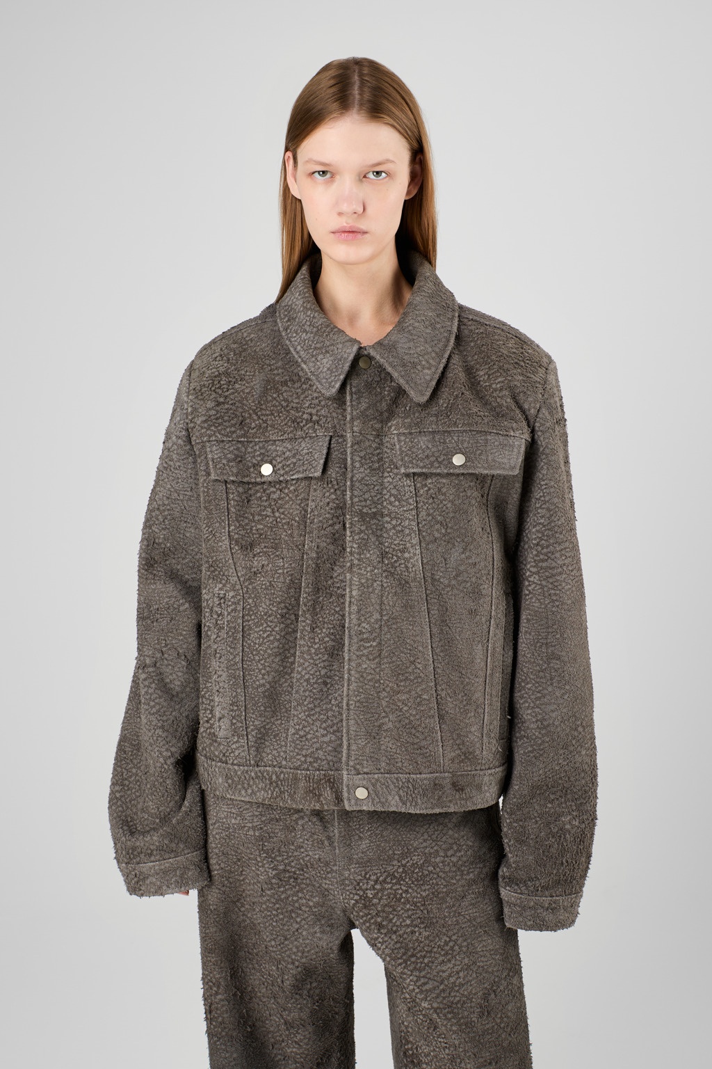 Gray Wrinkled Suede Leather Jacket - 2