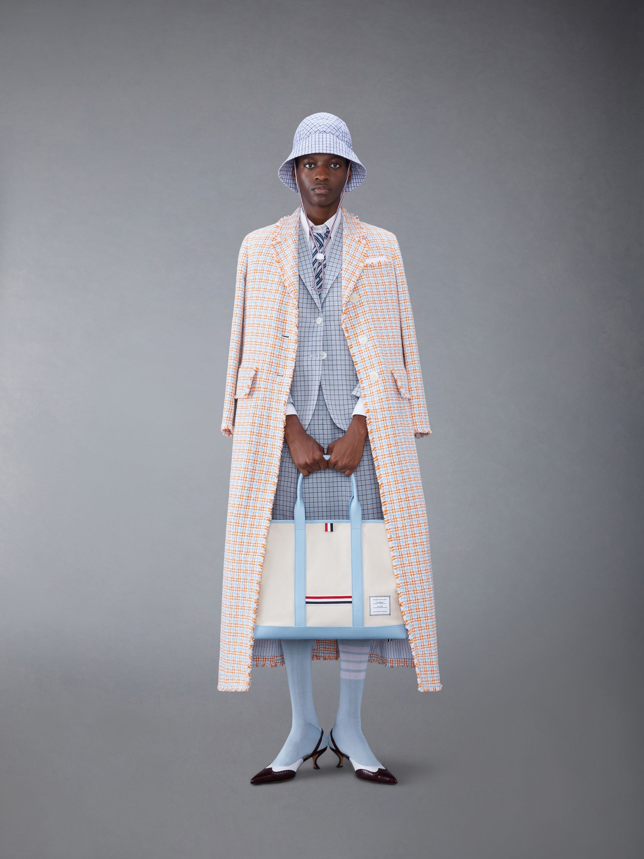 Check Summer Tweed Fray Wide Lapel Coat - 3