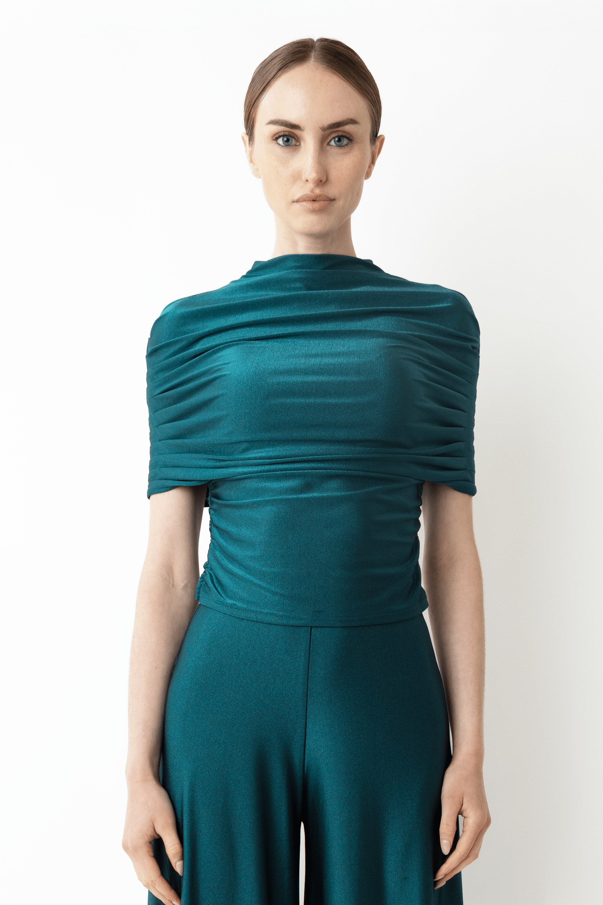 Shine Jersey Mock Neck Ruched Top - 1