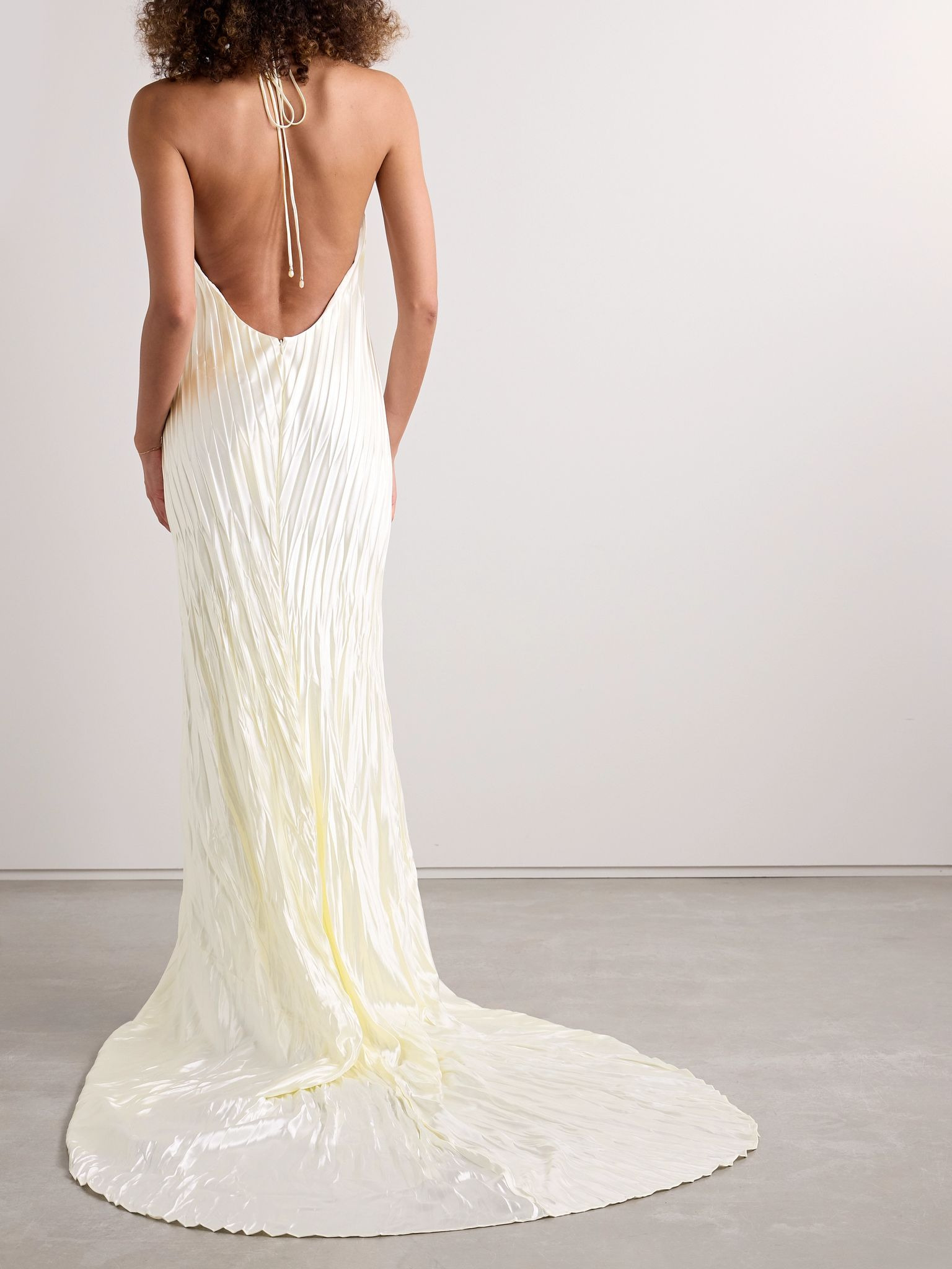 Sinclair embellished wool and silk-blend plissé-mikado halterneck gown Ivory - 3