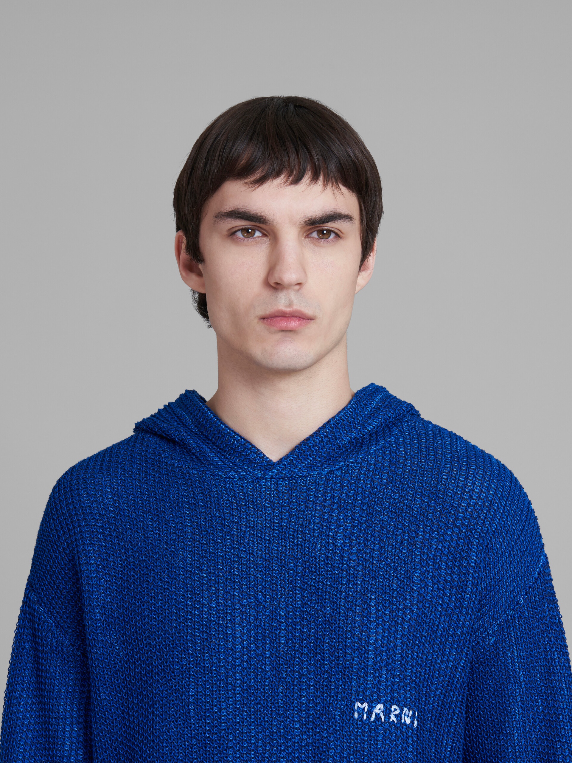 BLUE KNITTED COTTON HOODIE WITH CIRCLE INLAY - 4