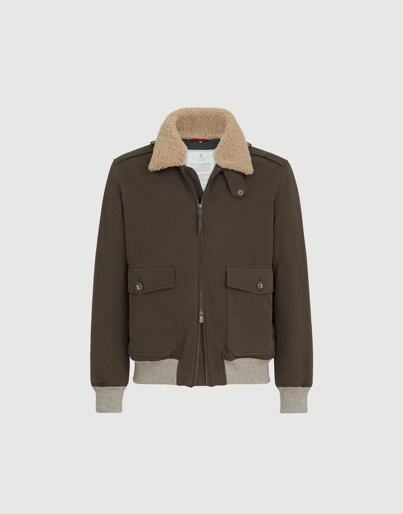 Waxed techno cotton bomber jacket with Thermore® padding and detachable shearling collar - 1