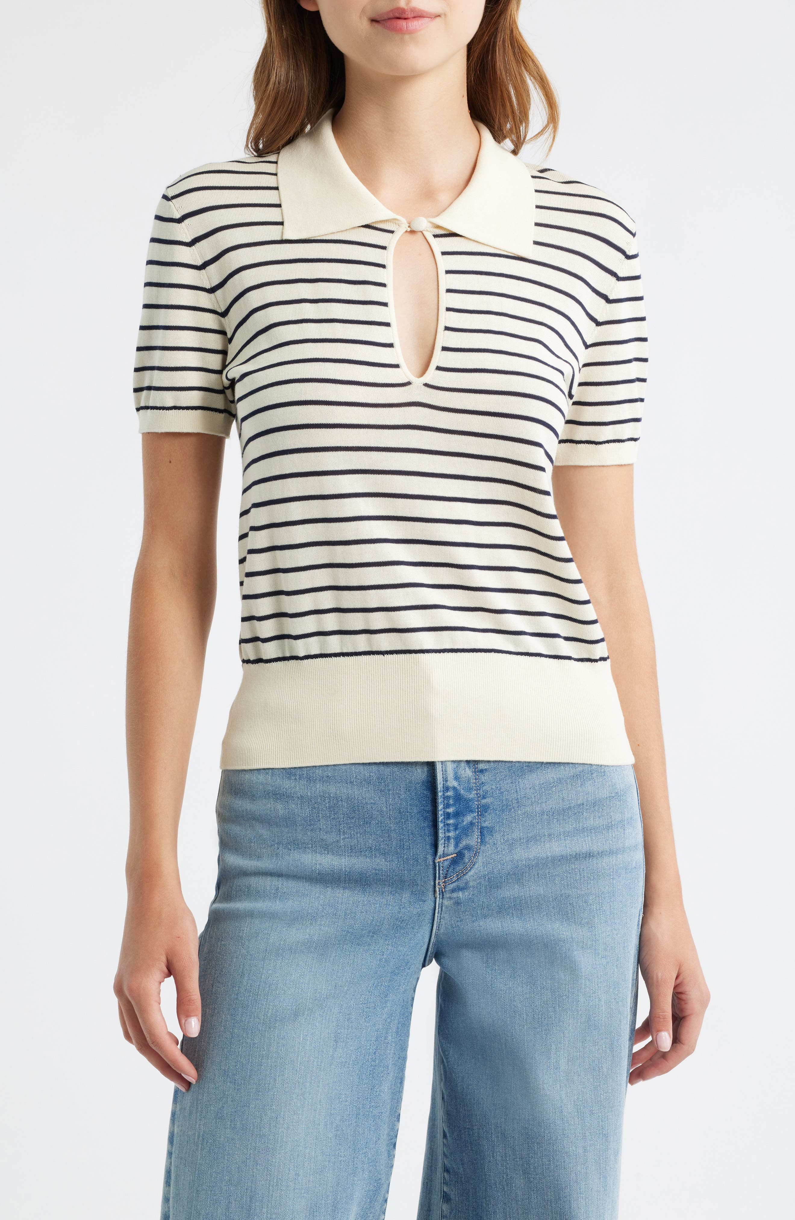 FRAME The Keyhole Stripe Polo in Cream Multi at Nordstrom - 1