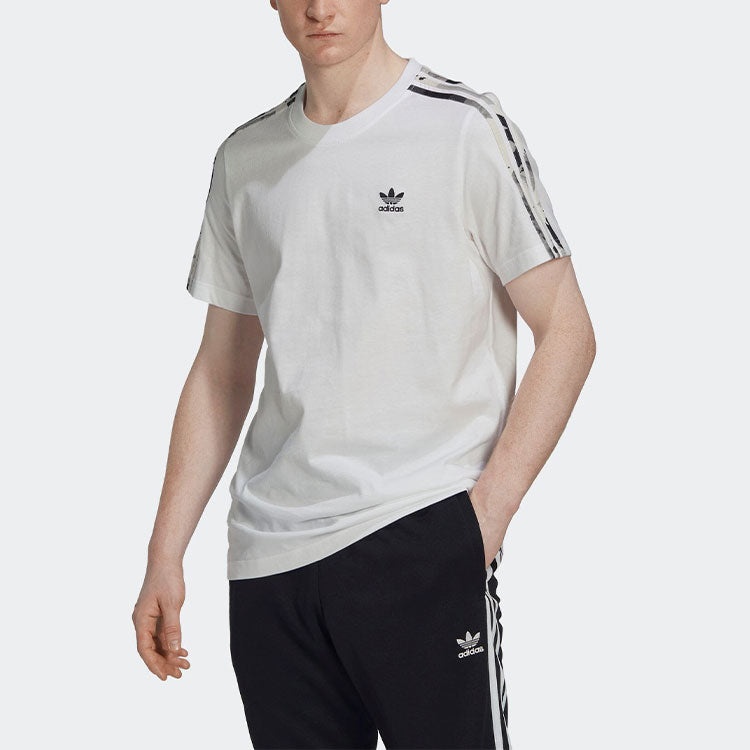 Men's adidas Logo Embroidered Stripe Round Neck Sports Short Sleeve White T-Shirt HK2798 - 2