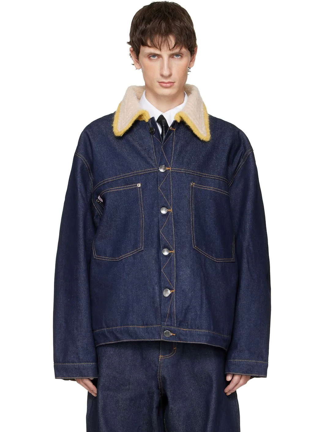 Navy Knitted Collar Denim Jacket - 1