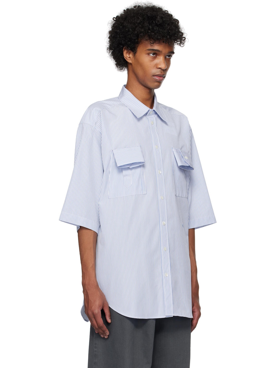 Blue Striped Cuff Details Shirt - 2