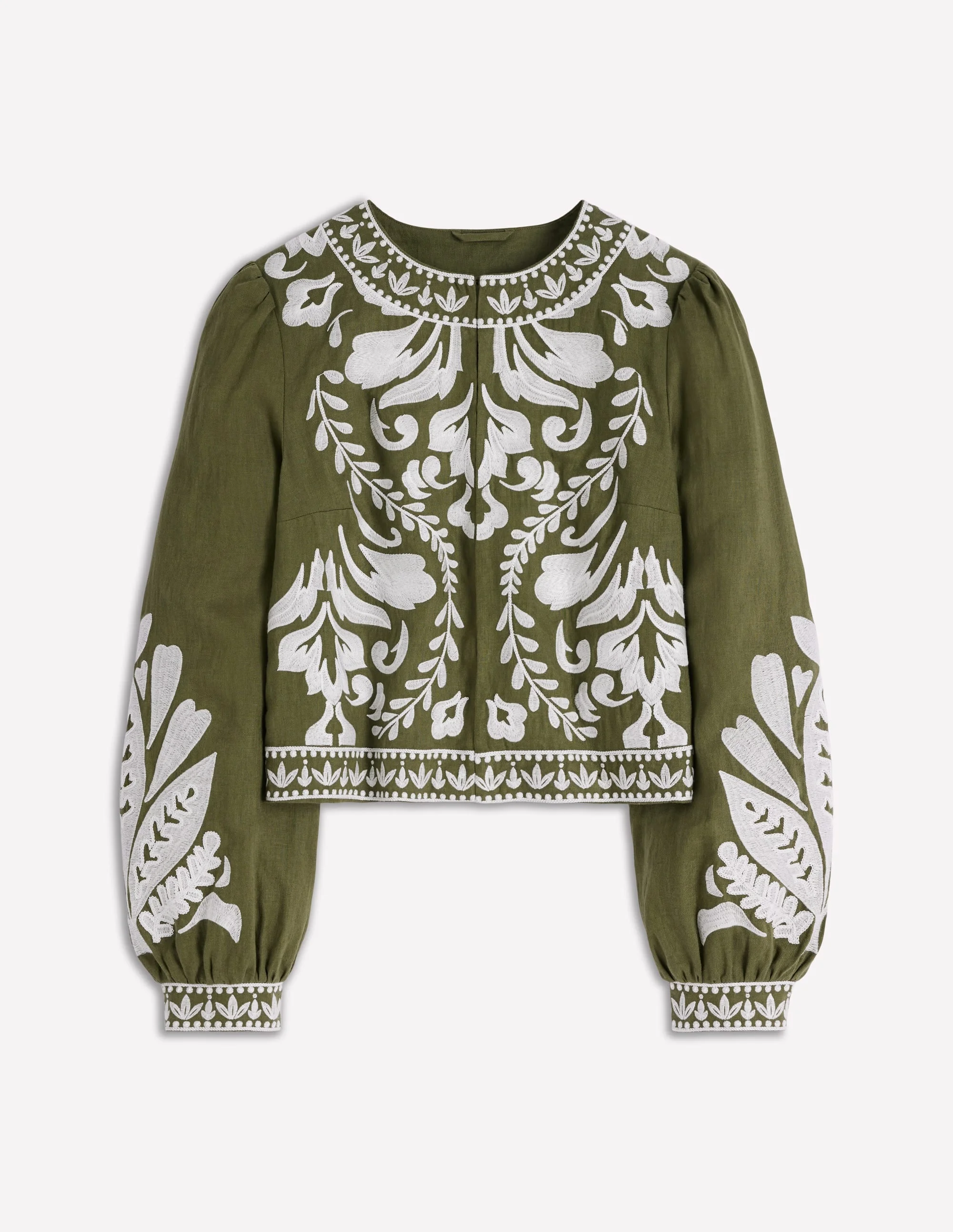 Embroidered Linen Jacket-Woodland Green - 1