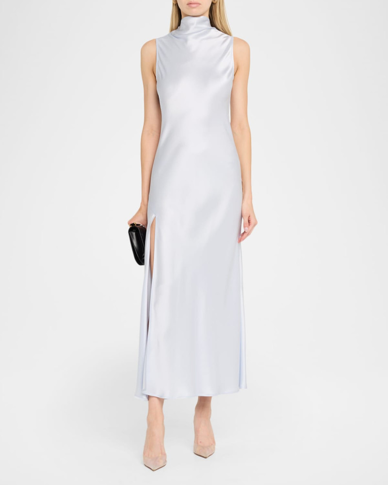 LAPOINTE Sleeveless Draped-Neck Satin Slit Midi Dress outlook