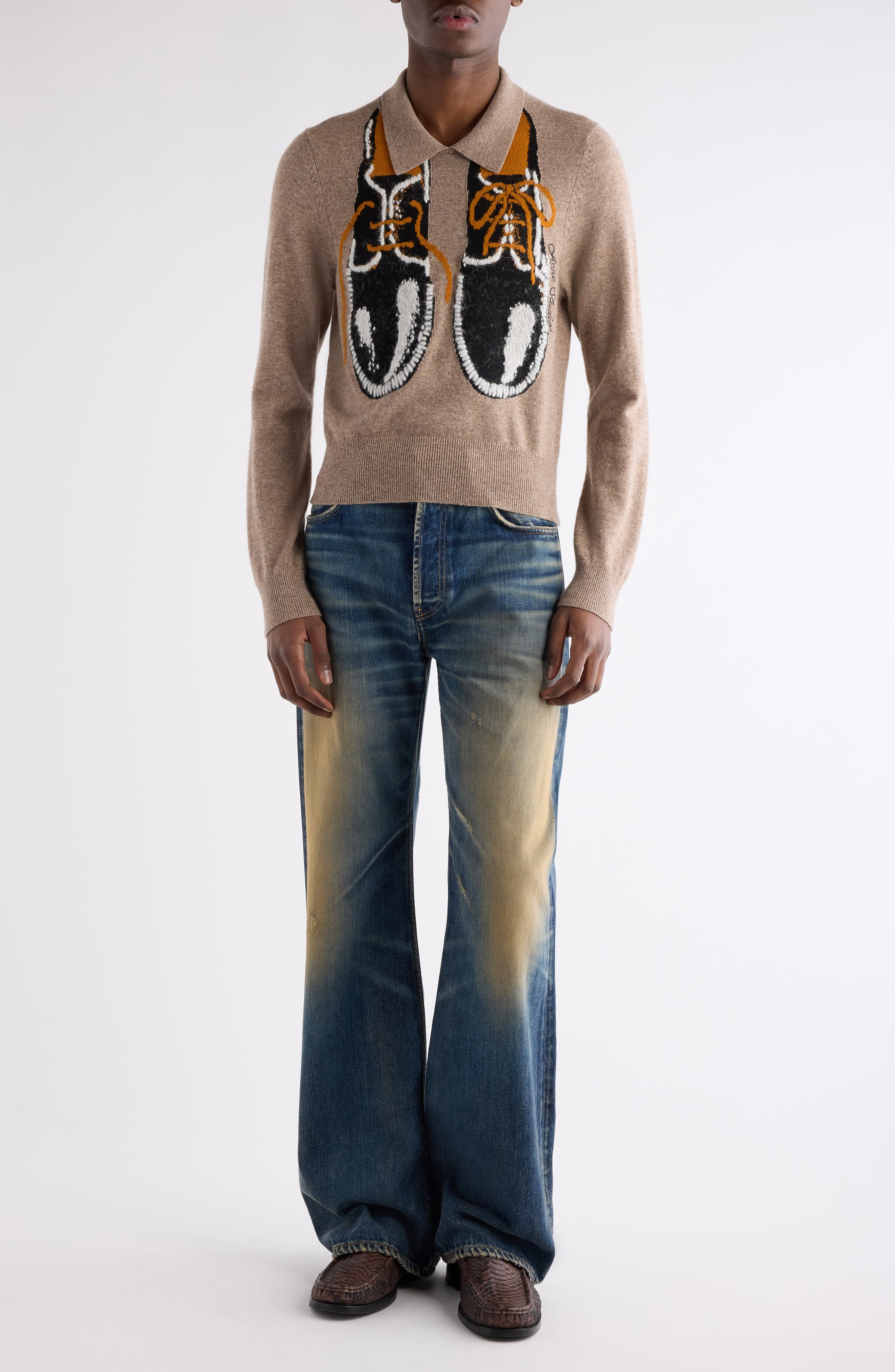 Acne Studios Klastron Shoes Intarsia Richard wool & Yak Hair Blend Polo Sweater in Greige Melange at - 2