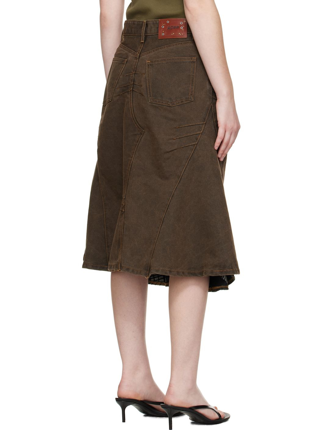 Brown Custom Flare Layered Denim Midi Skirt - 3