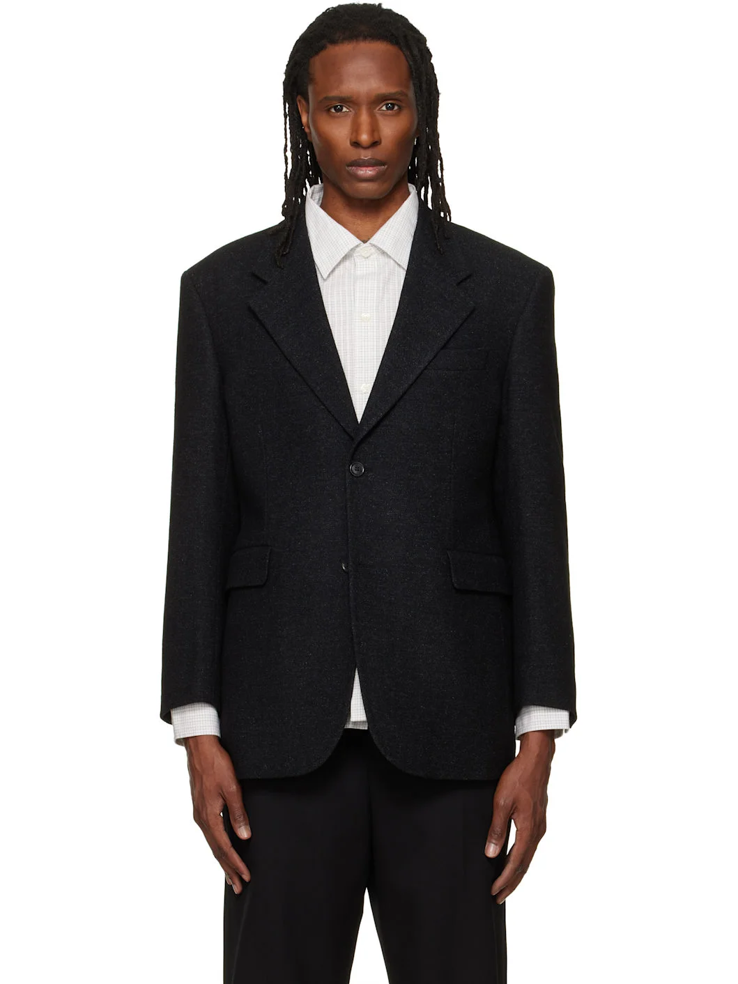 Black Herringbone Wool Relaxed Tailored Blazer - 1