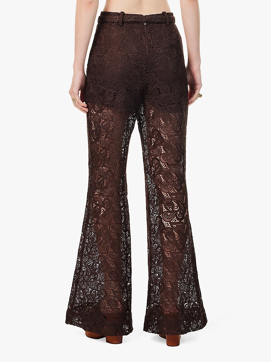 Buckle belt flared-leg high-rise lace trousers - 4