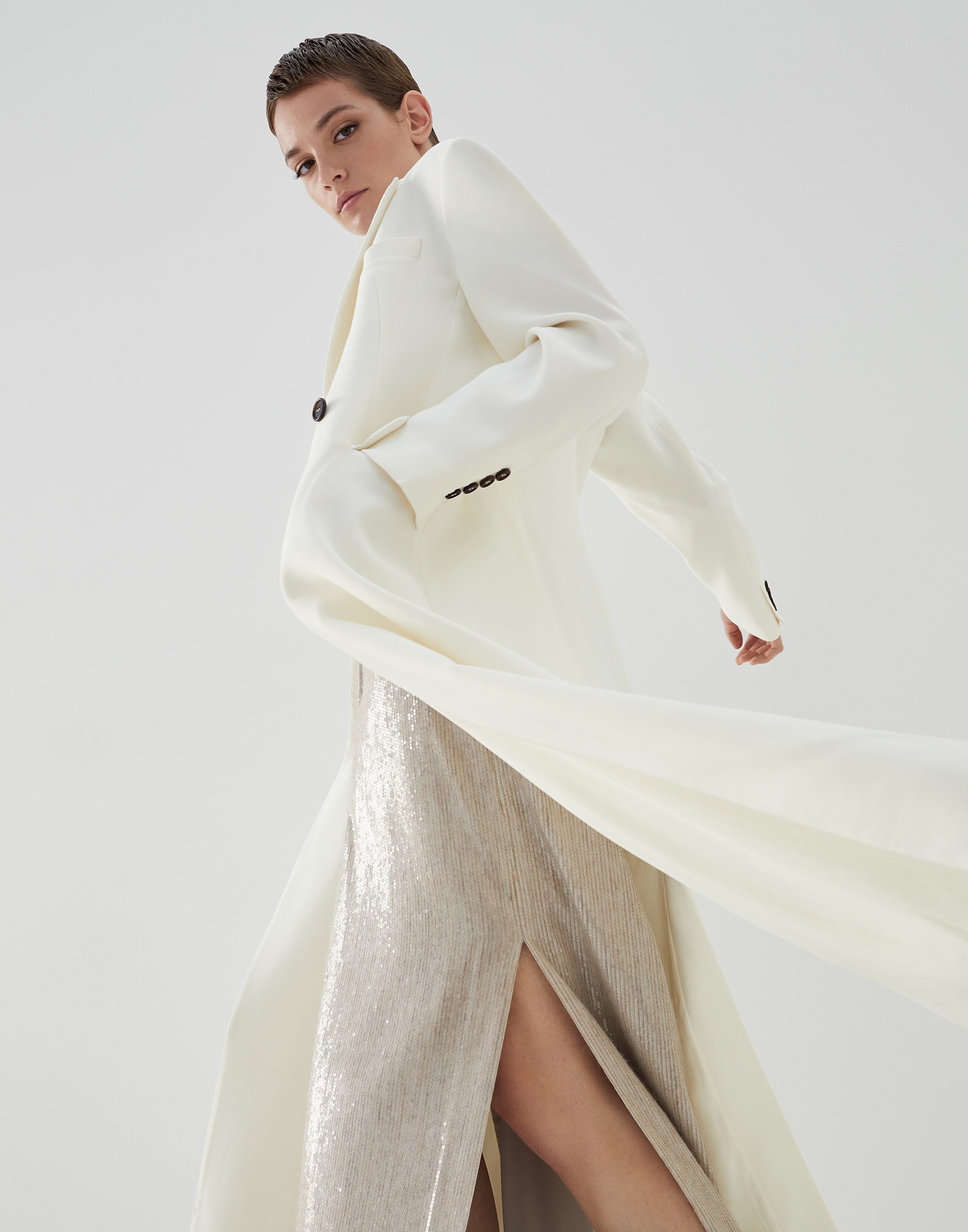 Viscose and virgin wool gabardine coat with monili - 4