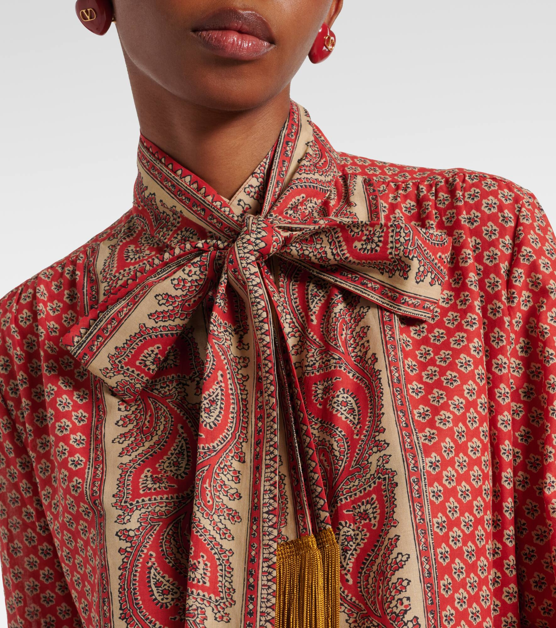 Printed tie-neck cotton blouse - 4