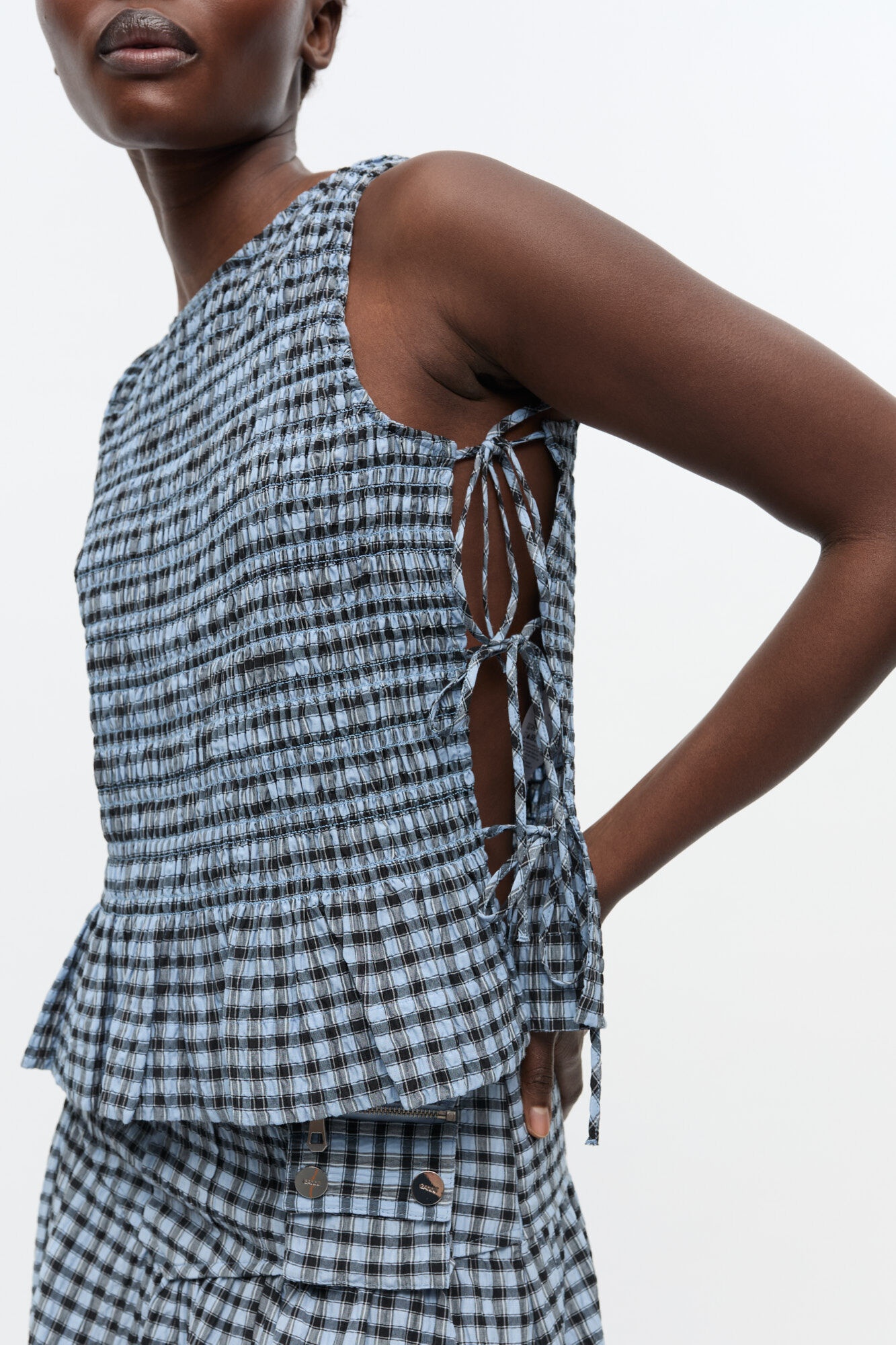BLUE SEERSUCKER CHECK SMOCK TIE STRING TOP - 5