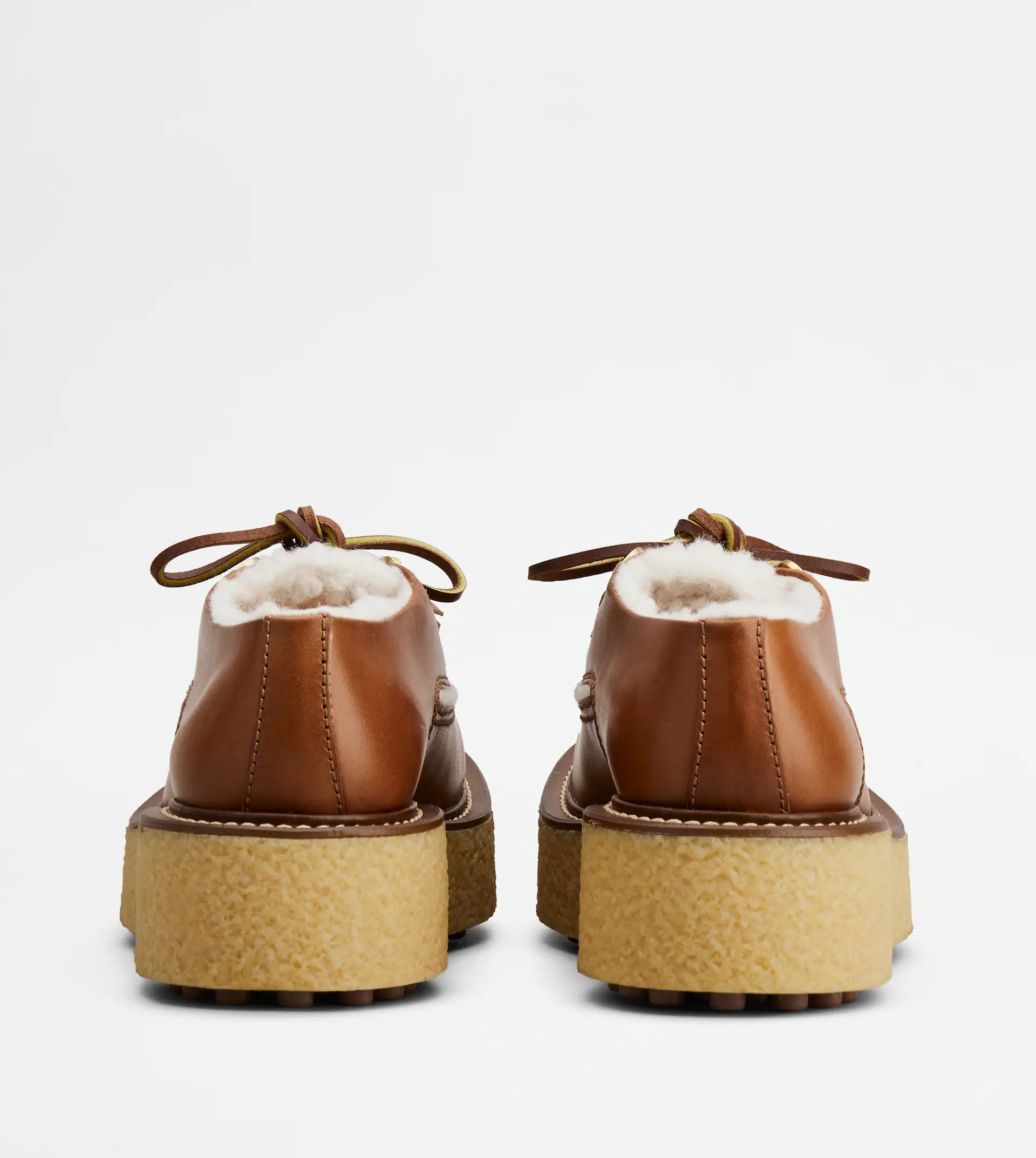 LACED PLATFORM LOAFERS IN LEATHER AND WOOL - BROWN, OFF WHITE - 2