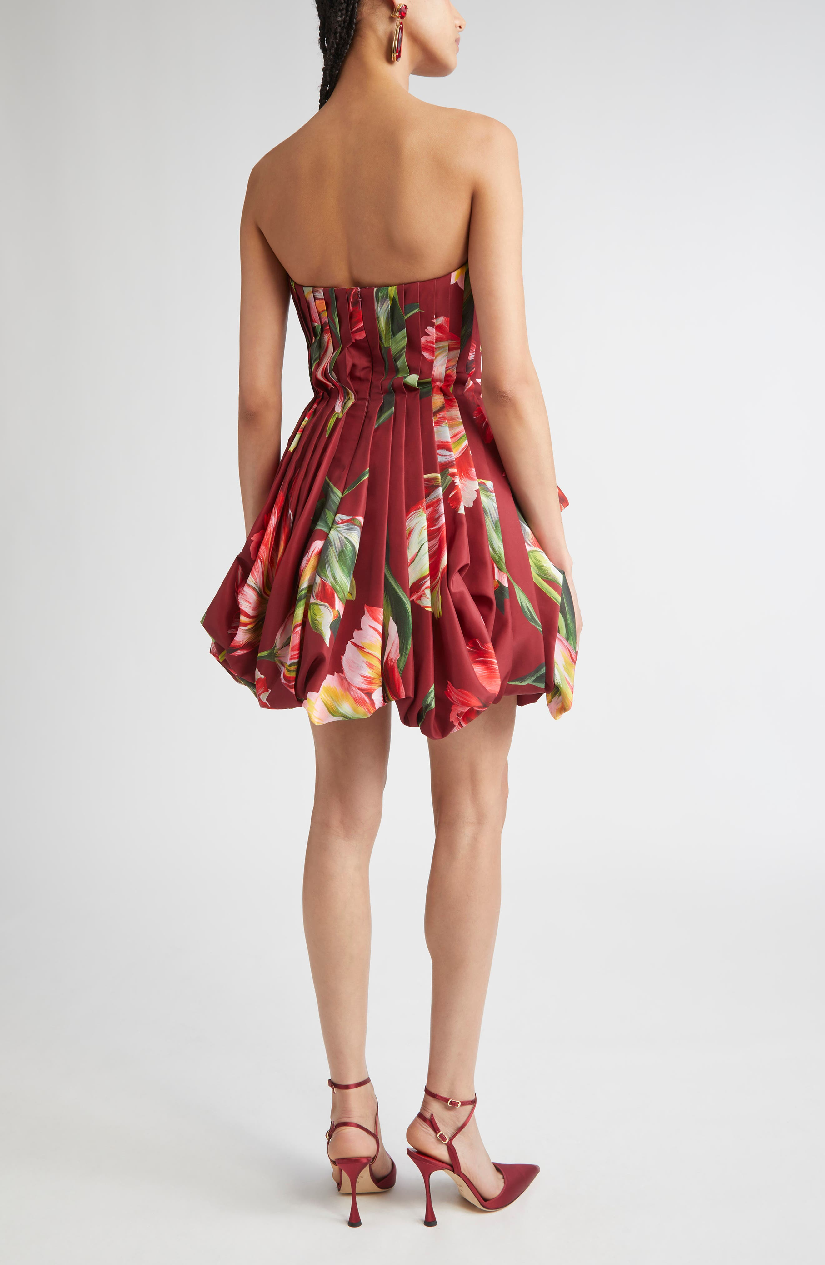 Carolina Herrera Tulip Print Pleated Draped Minidress in Garnet Multi at Nordstrom - 2