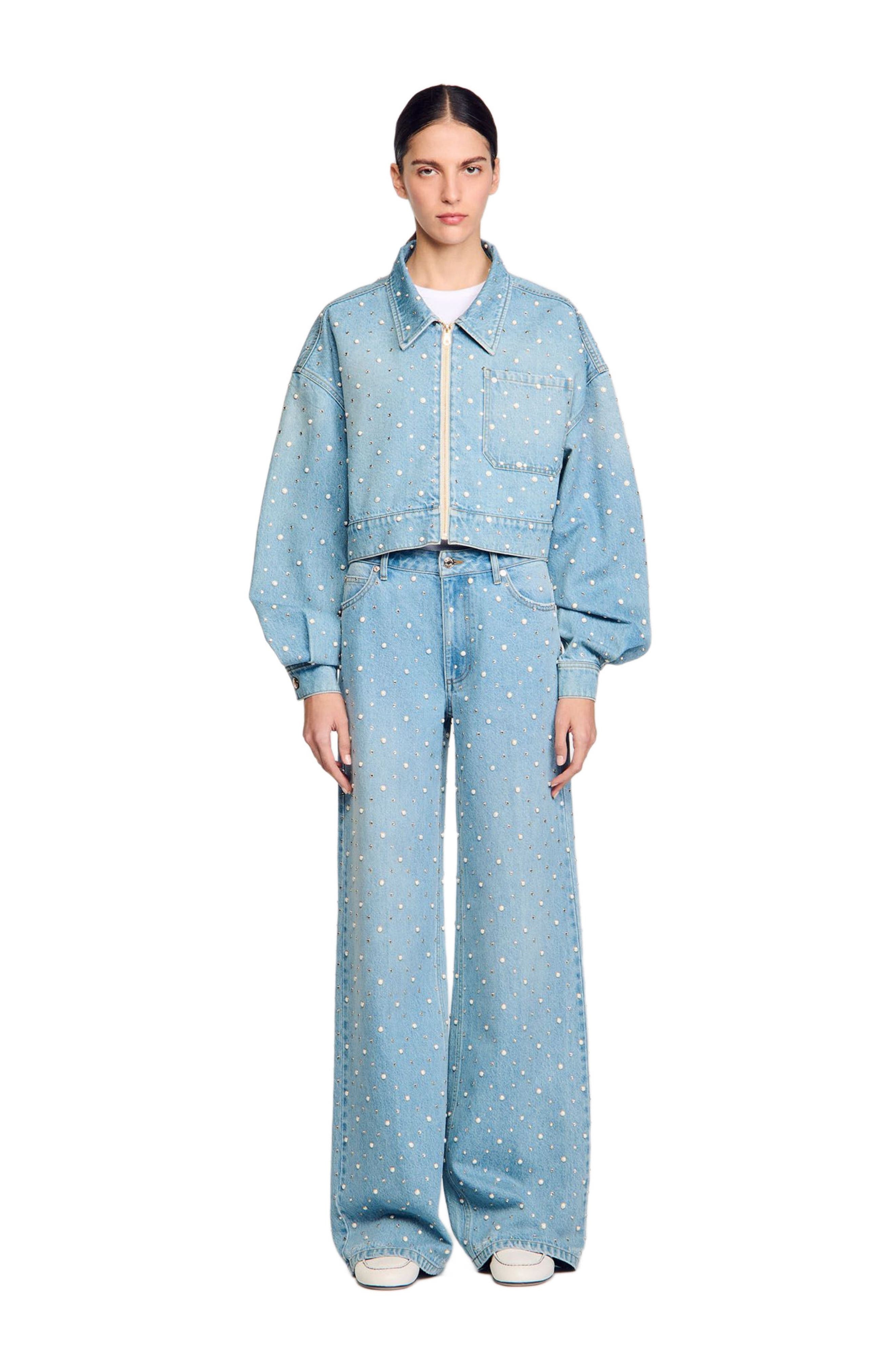 SANDRO Beaded and rhinestone denim jacket in Blue Jean at Nordstrom - 3