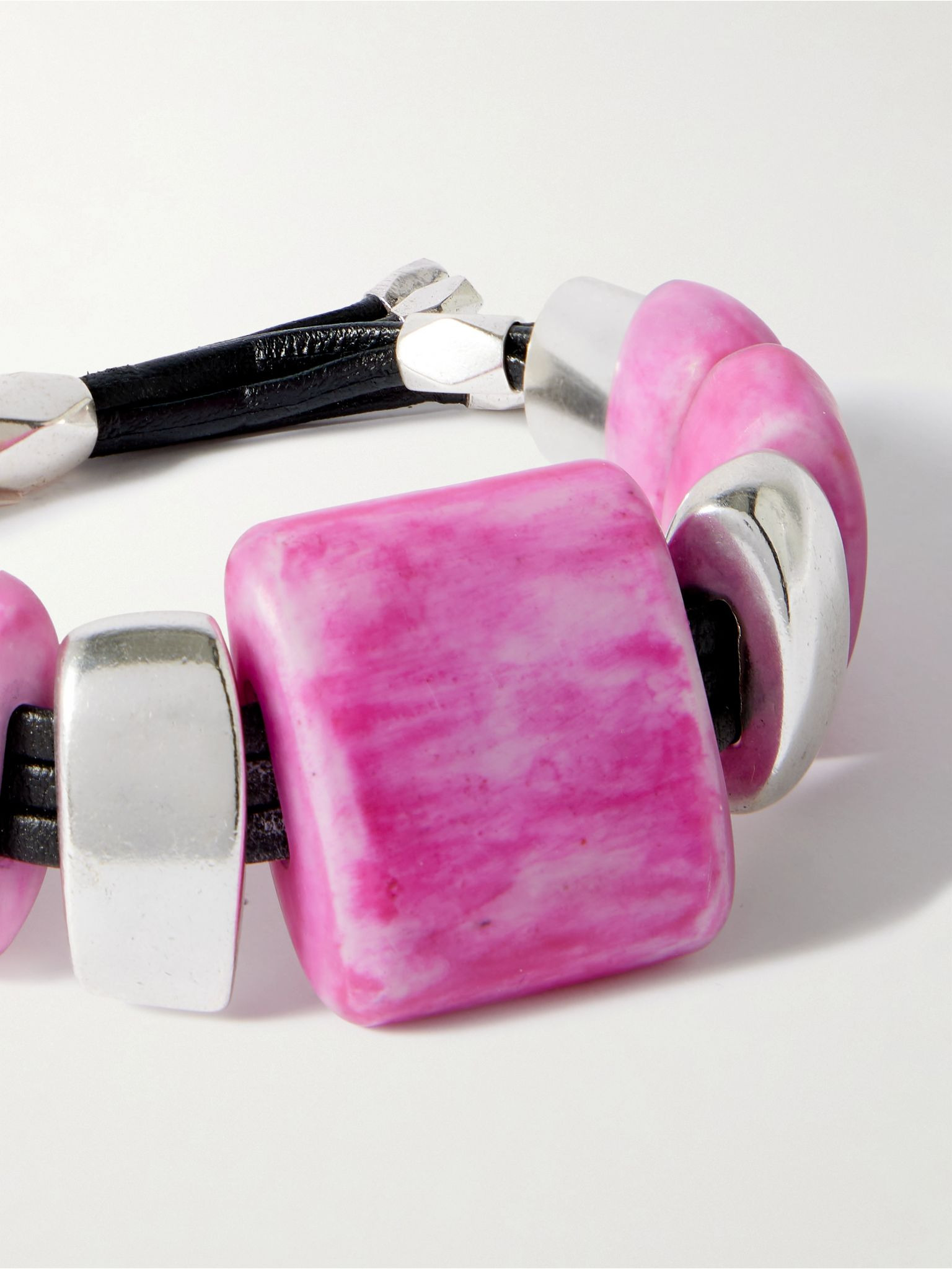 Paradise silver-tone, resin and leather bracelet Fuchsia - 4