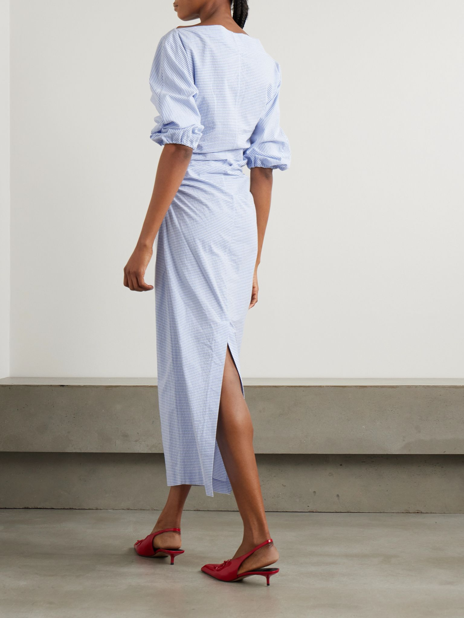 Ezra ruched striped cotton-seersucker midi dress Blue - 3
