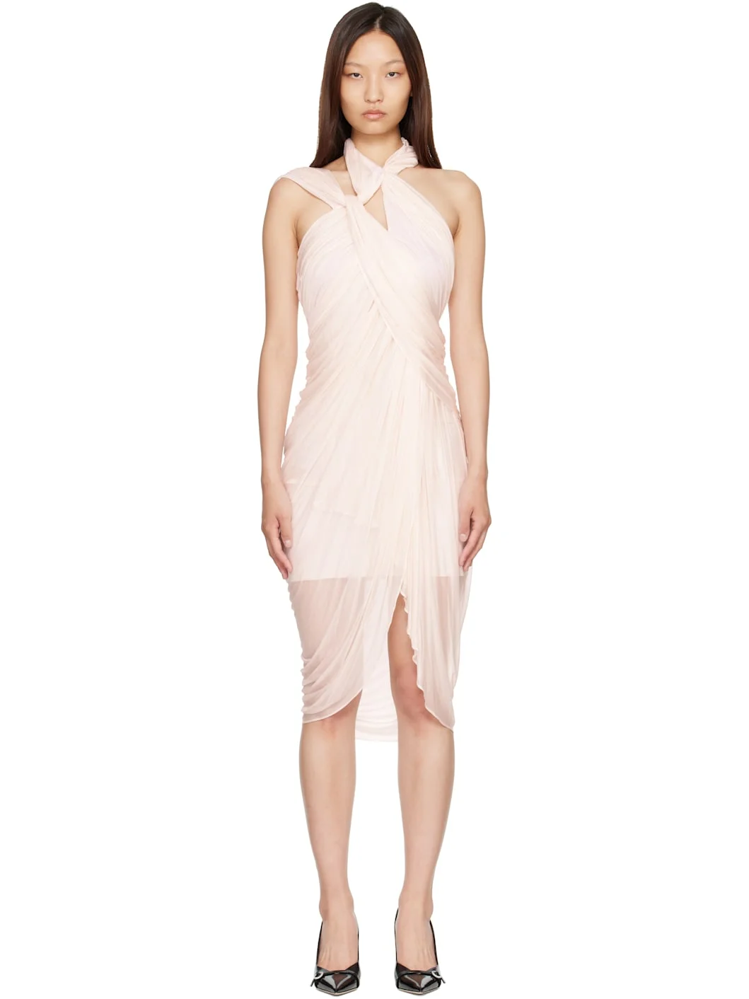 Pink Cross Neck Fluid Jersey Draped Midi Dress - 1