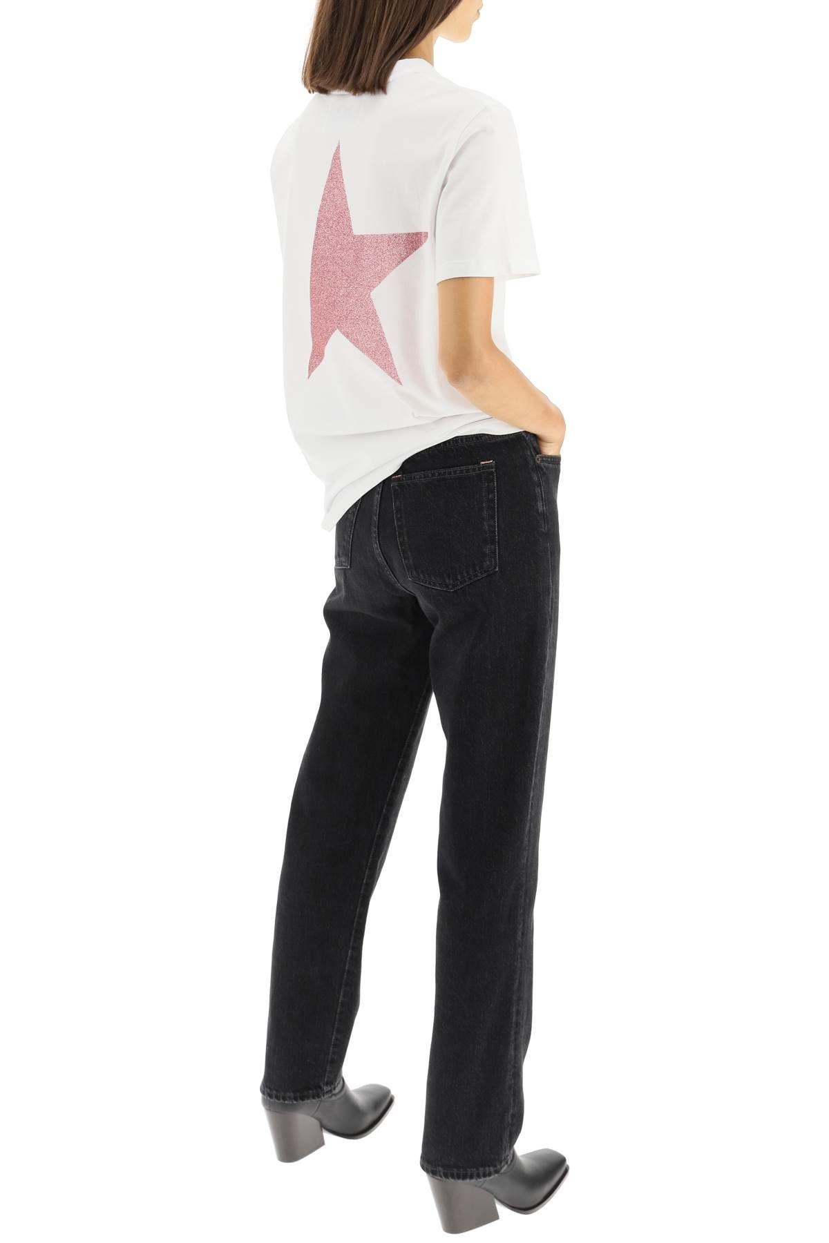 Women's white T-shirt with pink glitter logo and star