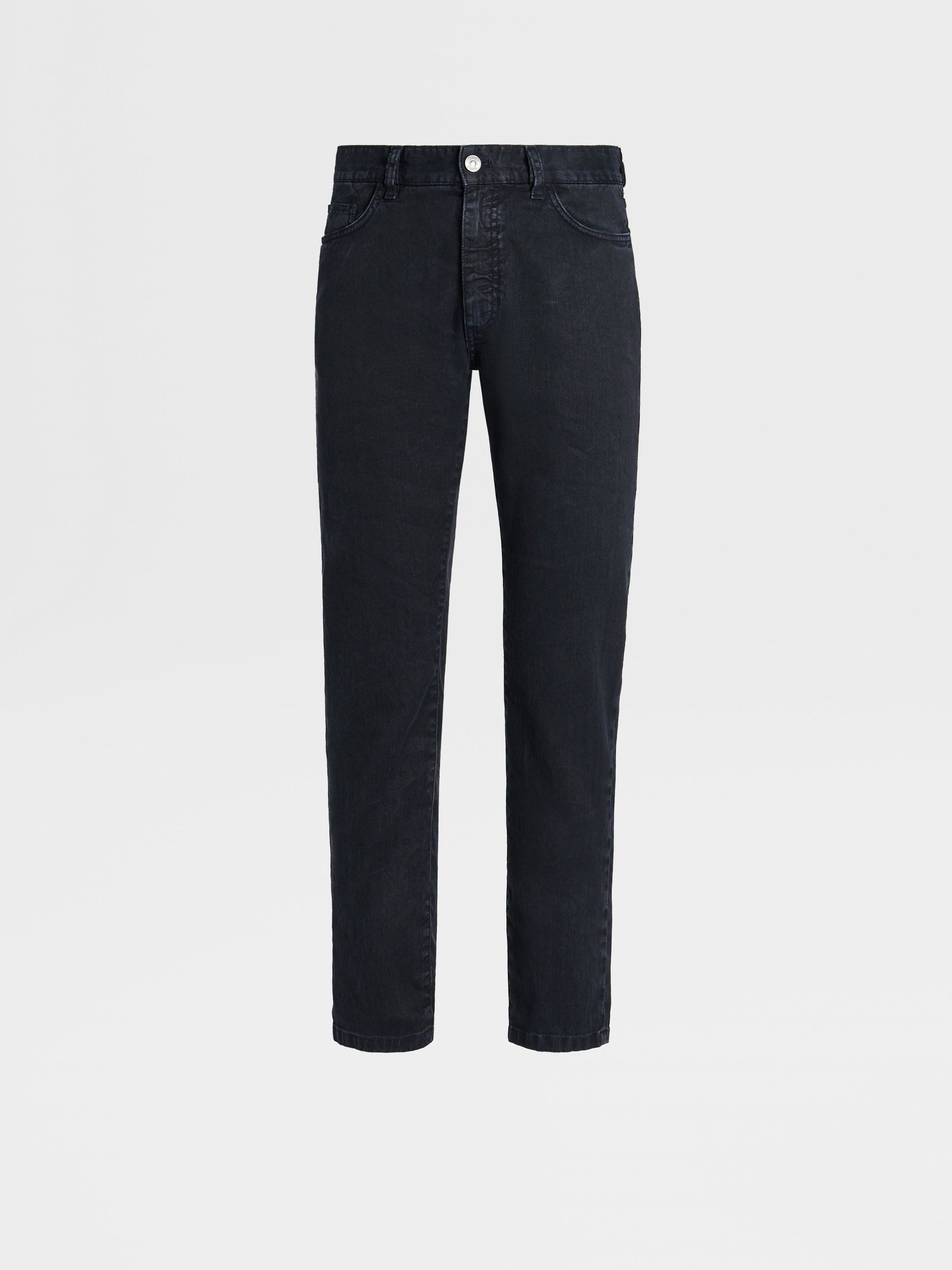 NAVY BLUE STRETCH LINEN AND COTTON JEANS - 1
