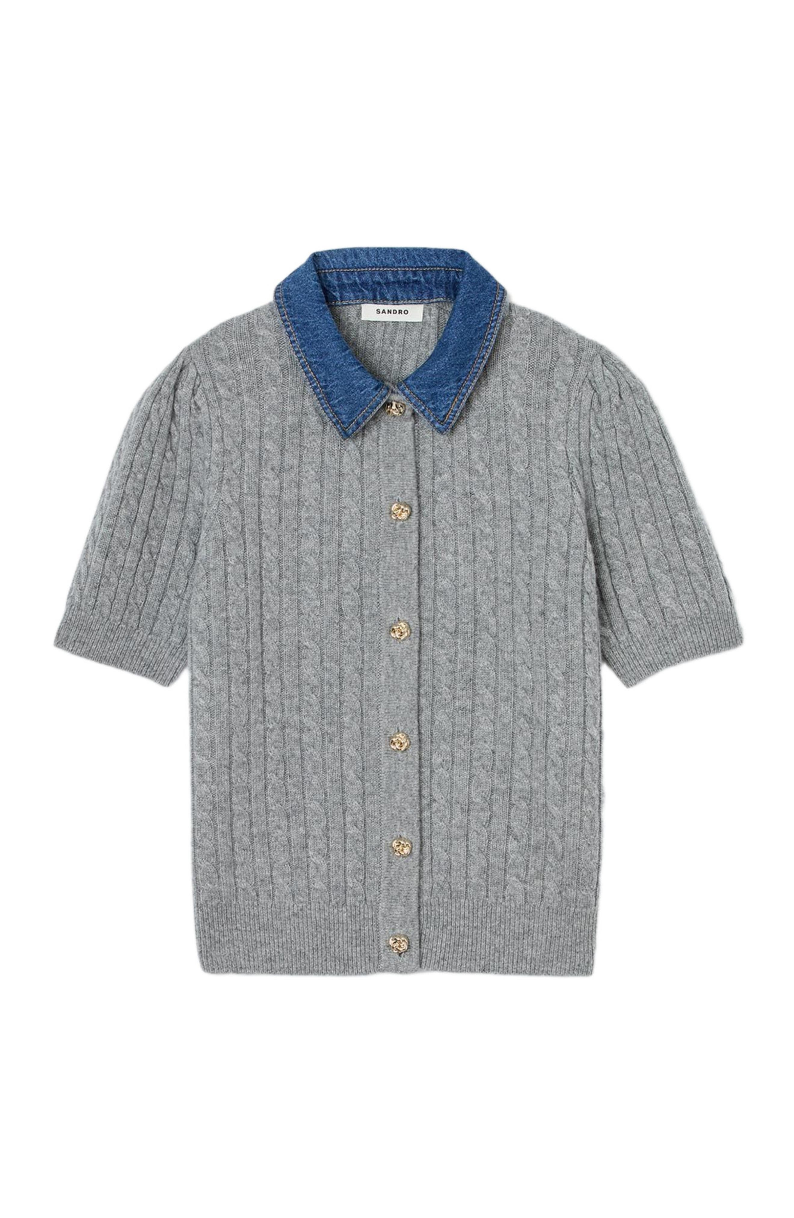 SANDRO Cardigan with denim collar in Grey at Nordstrom - 6