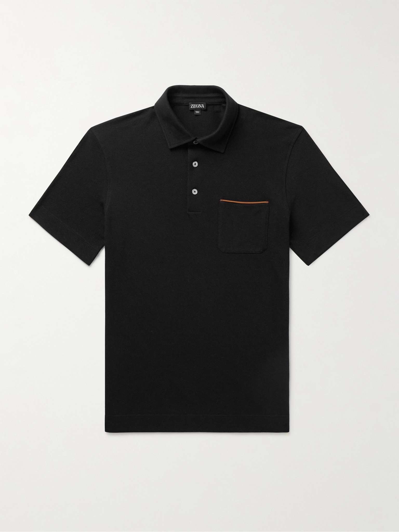 Leather-Trimmed Cotton-Piqué Polo Shirt - 1