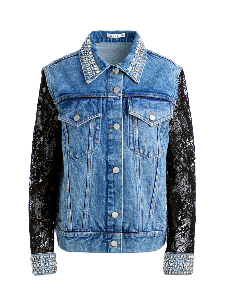 Alice + Olivia JEFF EMBELLISHED LACE SLEEVE DENIM JACKET | REVERSIBLE